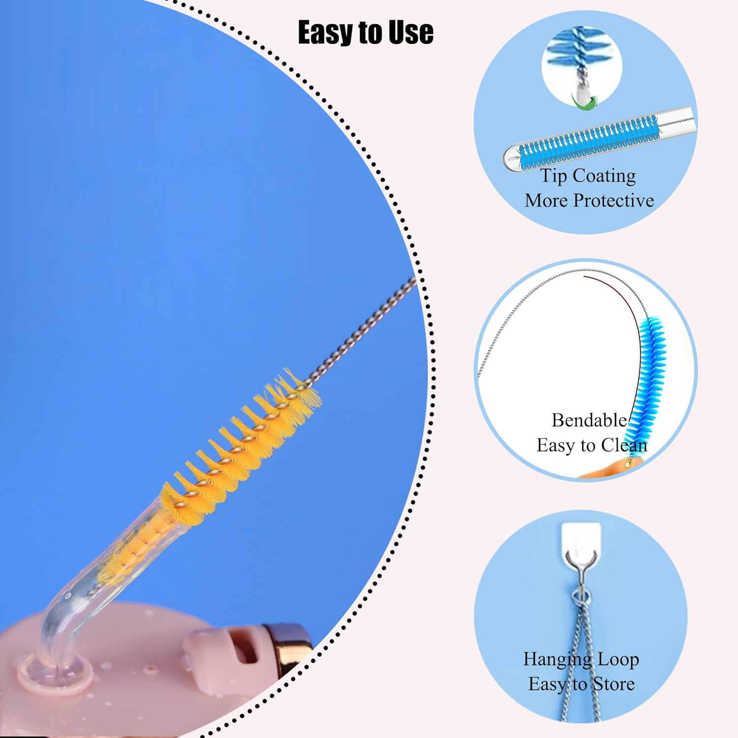 Straws Cleaner Brush with High Density Nylon Bristles & Stainless Handle & Hanging Loop, Also for Cleaning Sippy Cup, Bottle, Nozzle, Teapot, Narrow Area, D: 0.4 X L:10 Inch, Set of 8, 4 Colors Mix image number 3