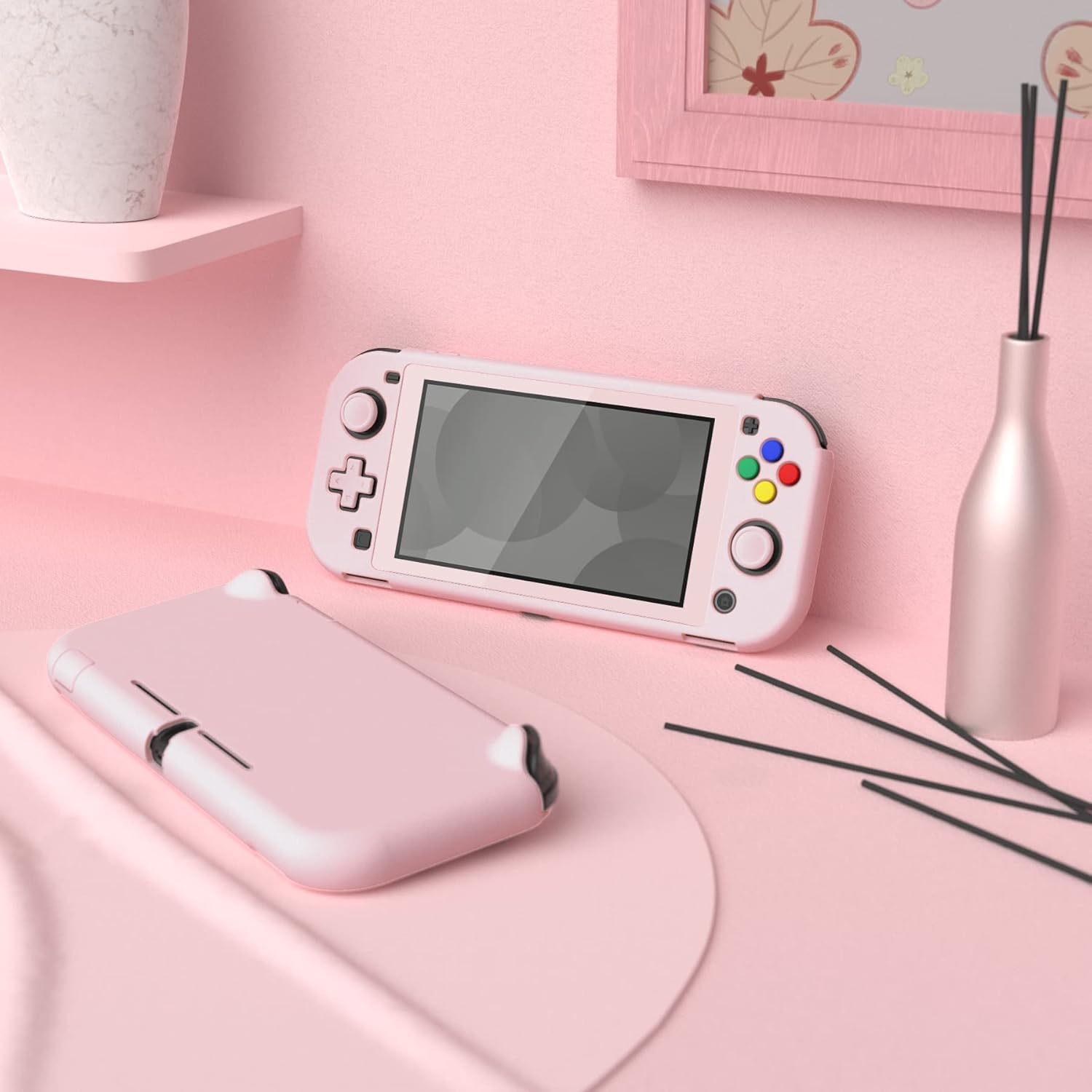 Extremerate Playvital Protective Grip Case for Nintendo Switch Lite, Cherry Blossoms Pink Hard Cover Protector for Nintendo Switch Lite - 1 X White Border Tempered Glass Screen Protector Included image number 5