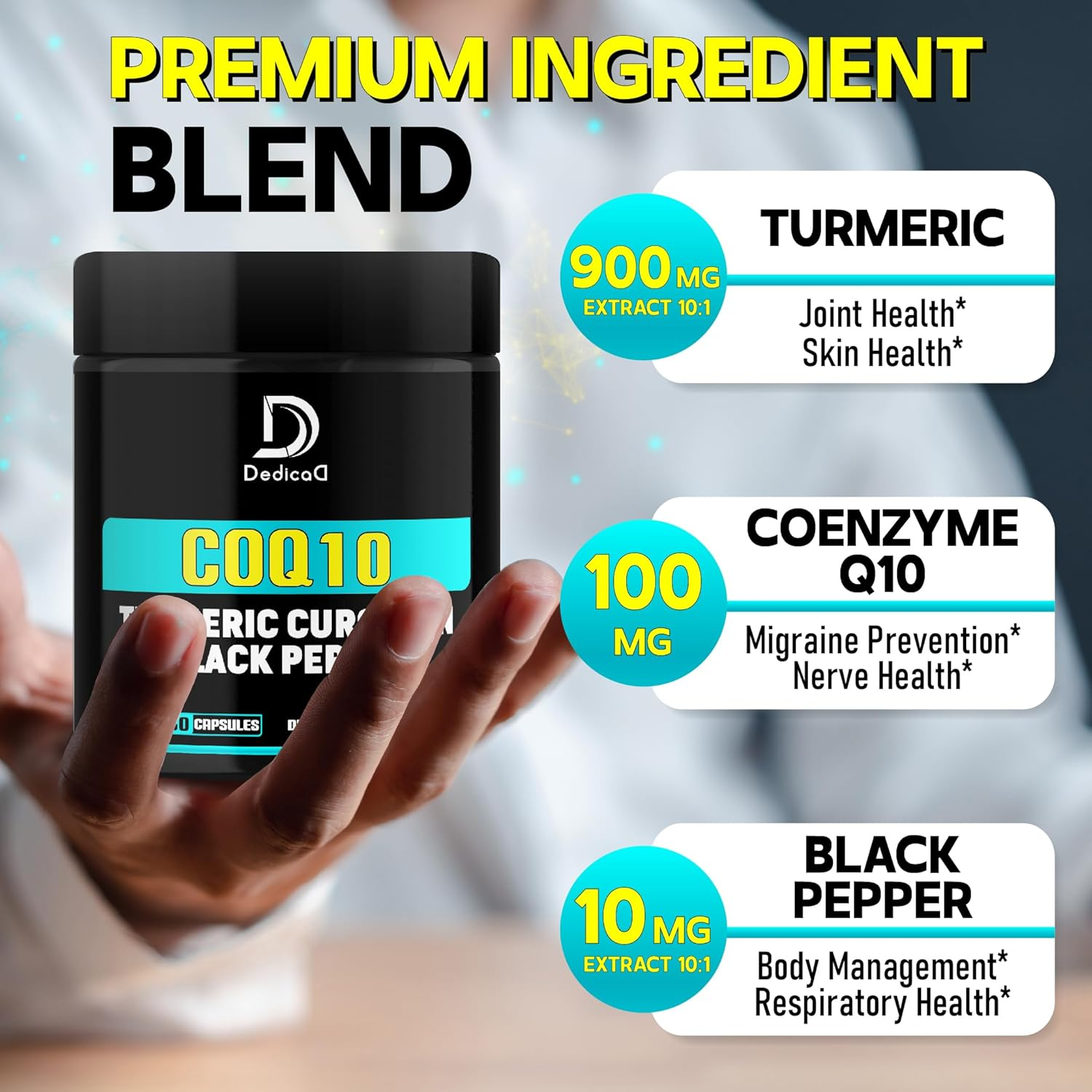 3In1 Coq10 and Turmeric Supplement Extract - Combined with Black Pepper - Professional Combination - 60 Capsules image number 2