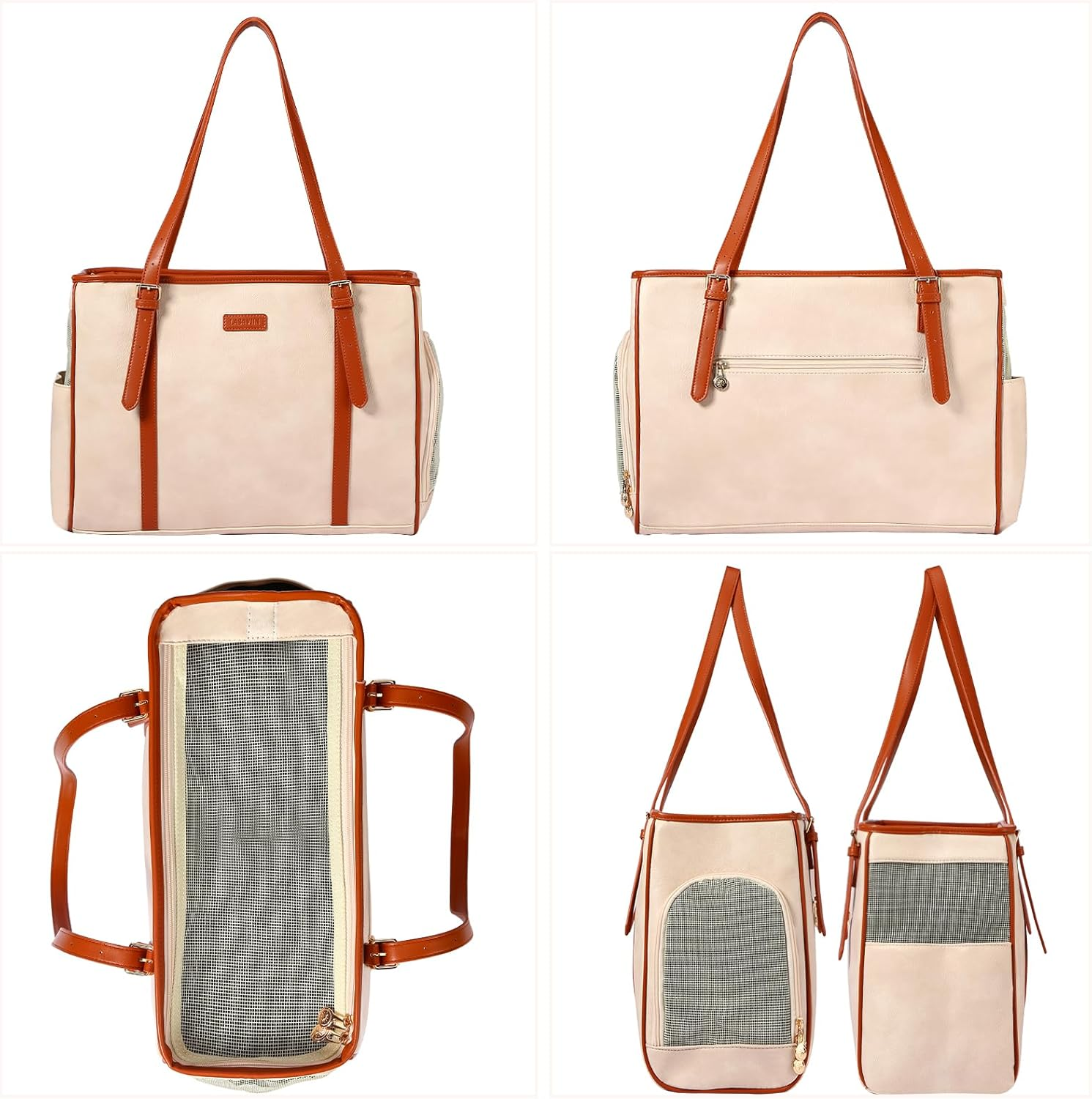 Lasaviin Fashion Dog Purse Pet Carrier Leather Bag for Small Dogs Cats Puppy, Portable Tote Bag Airline Approved Soft-Sided Carriers (Beign) image number 4