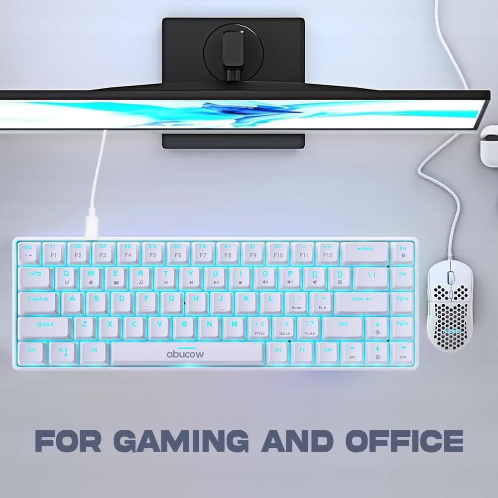 Abucow 60% Mechanical Gaming Keyboard, Black Switch Wired Compact Keyboard with Blue Backlight, Swappable White Keycaps, for Windows/Mac - Blue-White image number 5