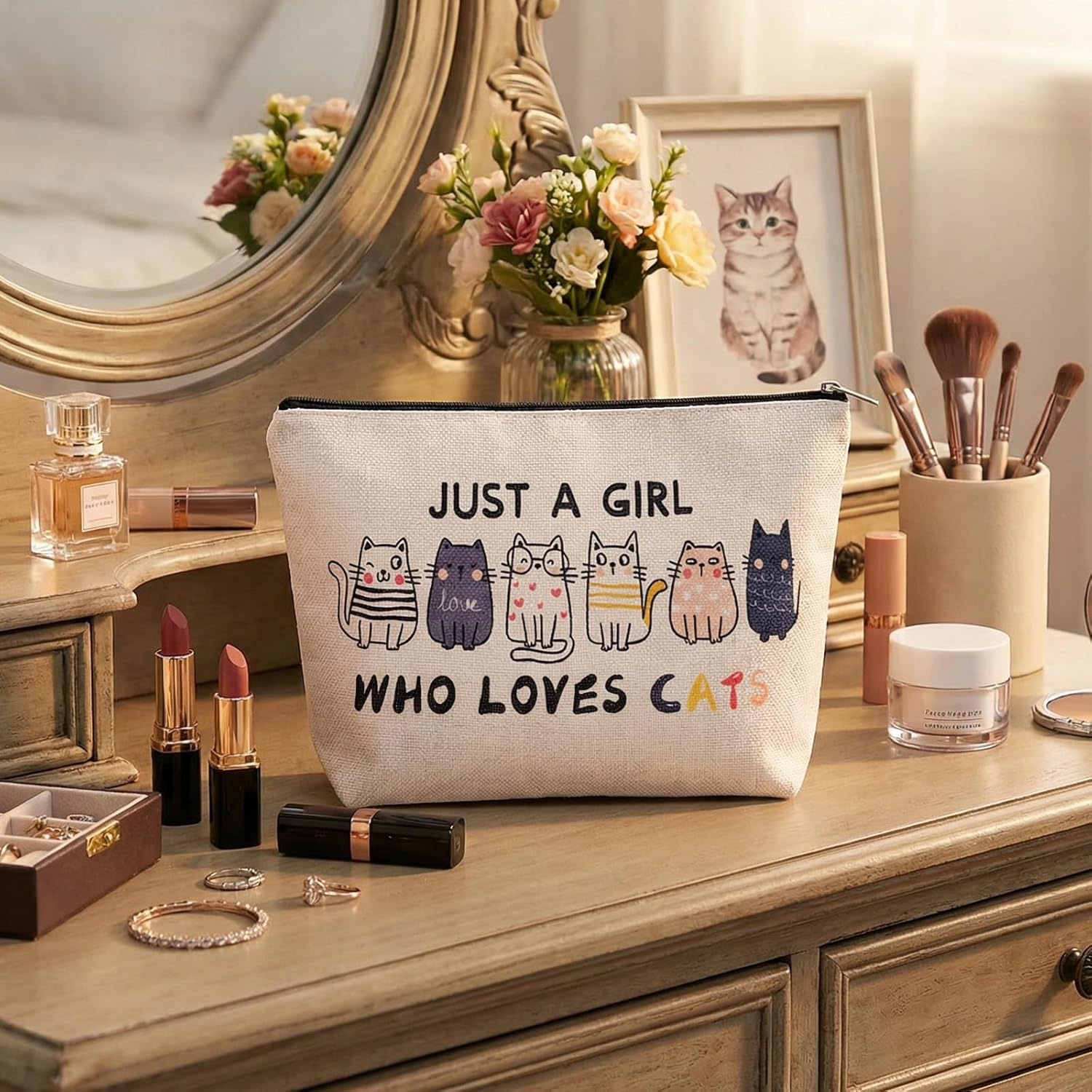 Pack of 2 Cat Make up Bags, Toiletry Bag, Cute Gifts for Cat Mothers for Cat Lovers, Cute Cat Things, Cosmetic Bag with Cat Motif and Zip for Women, Sisters image number 2