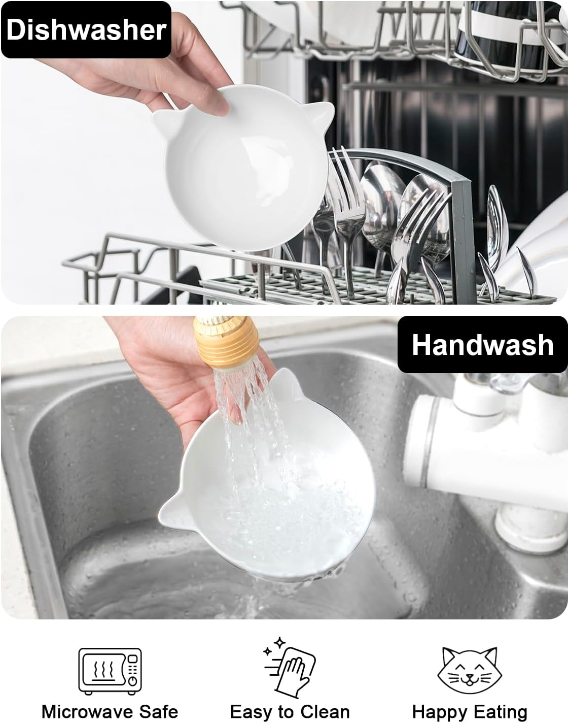 2 Ceramic Raised Cat Food and Water Bowls, Elevated Pet Bowl Set for Indoor Cats and Small Dogs, Anti-Vomiting Feeder with Plastic Base, Dishwasher Safe, Black - Black image number 4