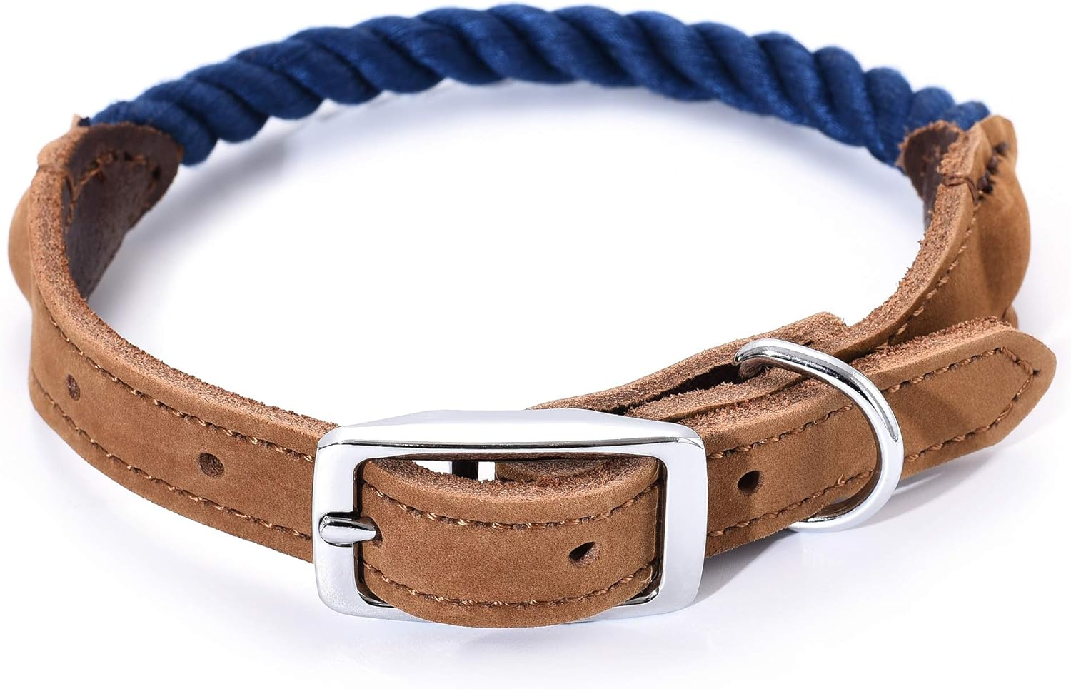 Mile High Life Premium Cotton Rope Dog Collar Made of Genuine Leather Stainless Steel Buckle Ring (M, Navy) image number 7