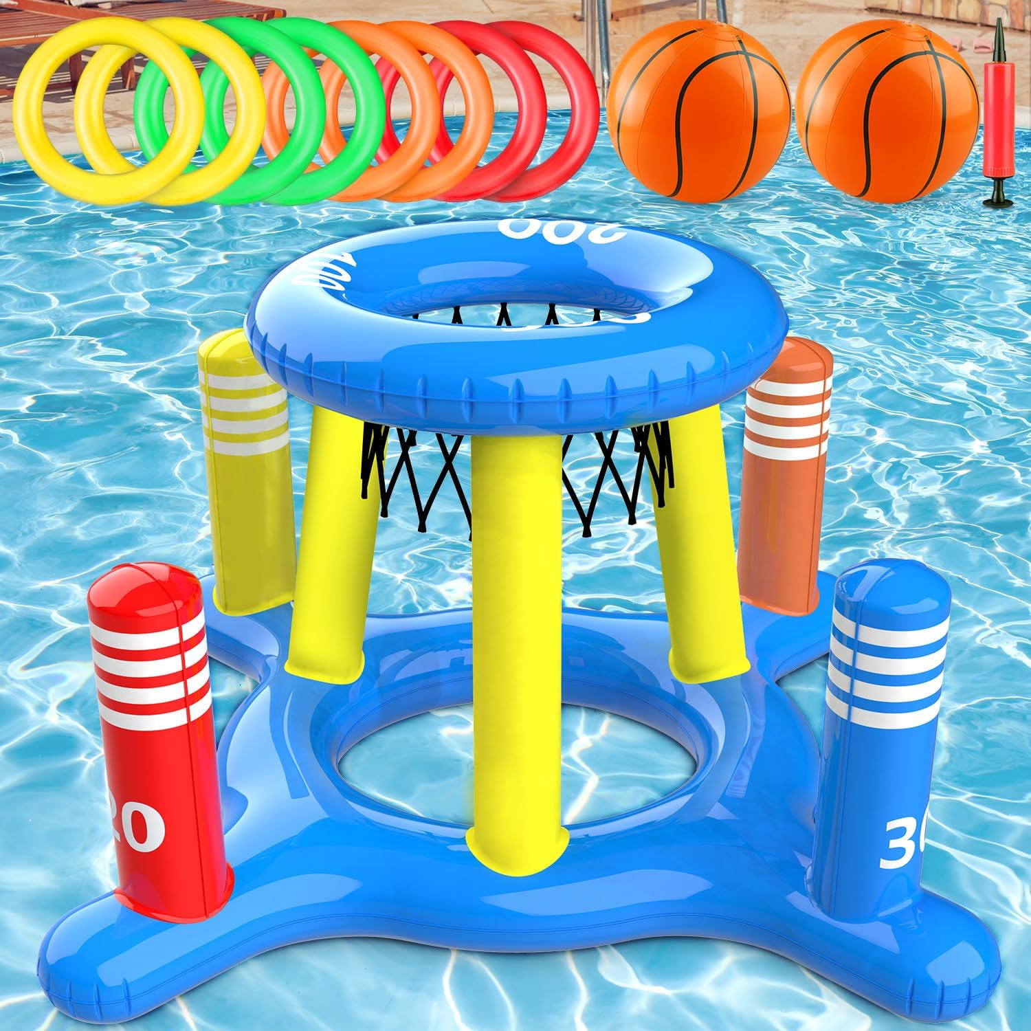 2-In-1 Pool Floats Toys Games Set, Inflatable Pool Basketball Hoop & Ring Toss Game, Summer Party Swimming Pool Toy for Toddler Kids Adults Family, Outdoor Poolside Water Toys for Boys Girls image number 5