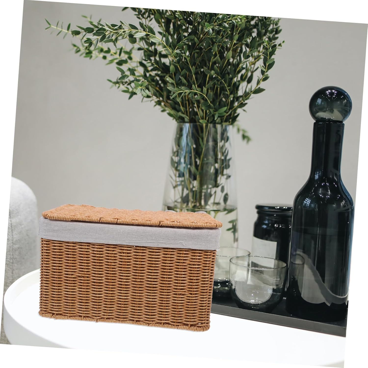 BESTYASH Rectangular Wicker Storage Basket with Lid and Dual Handles Handwoven Rattan Organizer Bin for Laundry Closet and Home Storage Portable Decorative Shelf Container for Clothes And image number 2