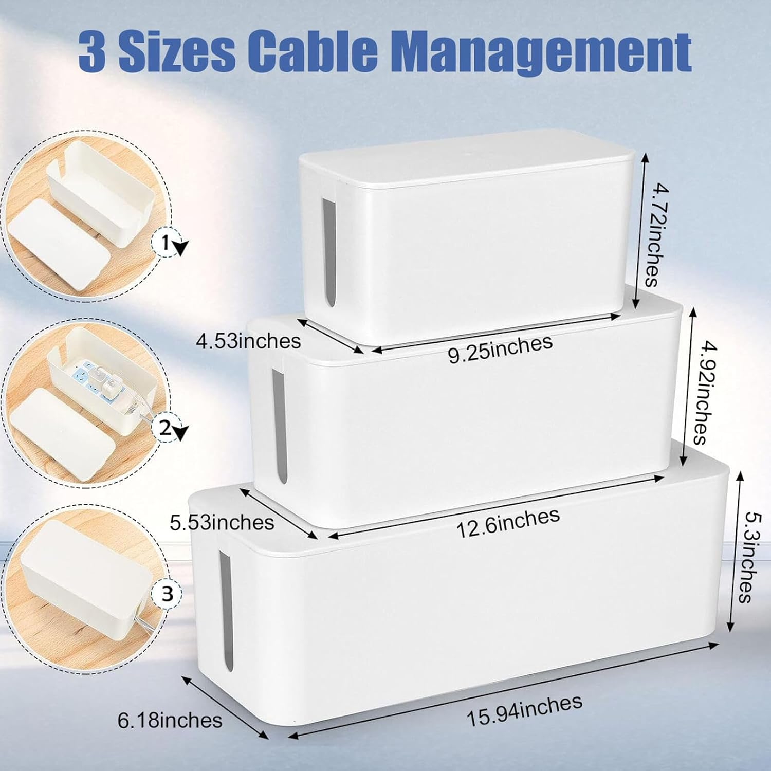 3PCS Cable Management Boxes Organizer, Cord Organiser Box System to Cover and Hide & Power Strips & Cords,Large Storage Wires Keeper Holder for Desk, TV, Computer,Usb Hub (White) image number 5