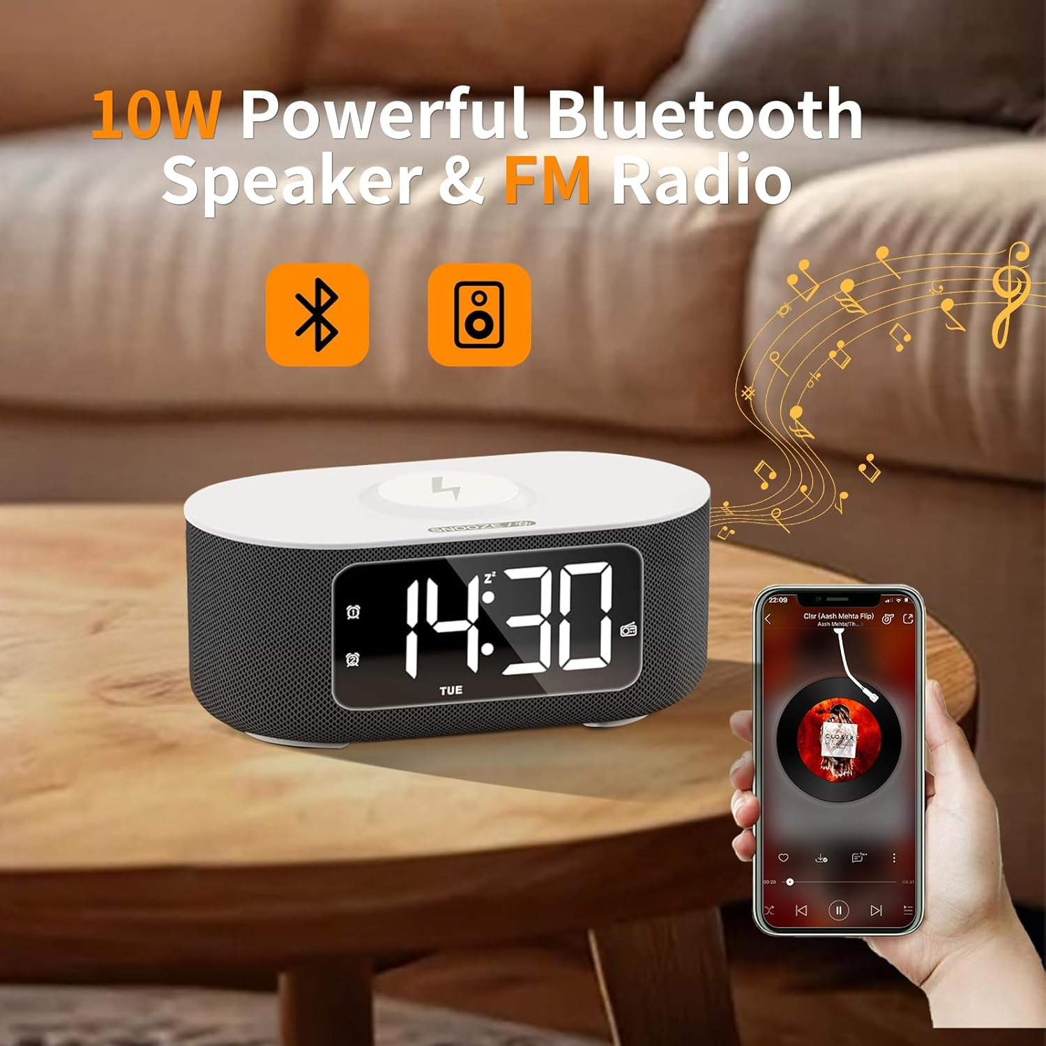White Noise Machine & Alarm Clock with 25 Sounds, Bluetooth Stereo Speaker, 15W Fast Wireless Charger, Digital Clock with FM Radio, 10 Colors Nightlight, Snooze, Dimmer, Sleep Timer for Baby & Adults image number 3