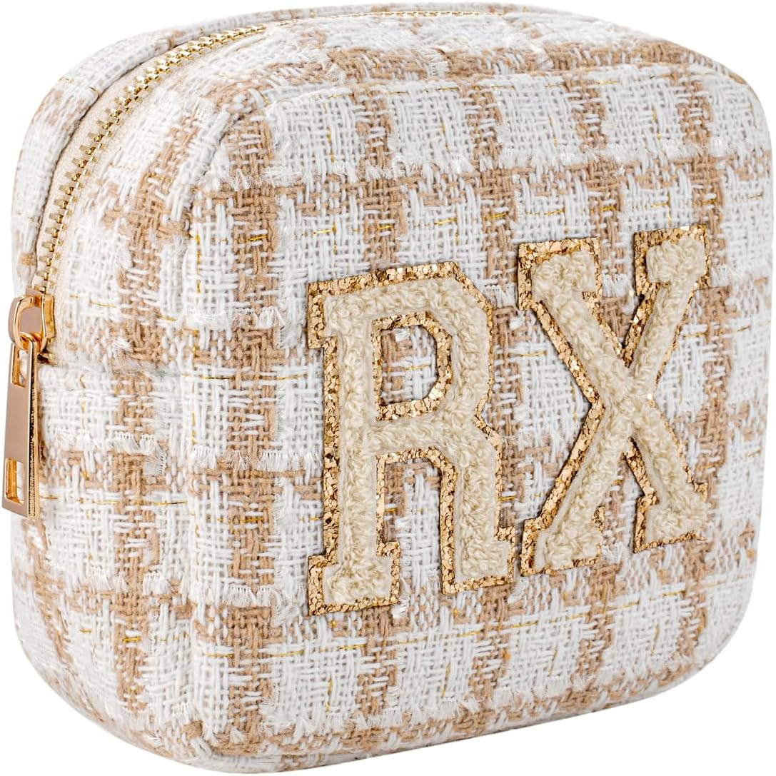 DDPOND Small Medicine Bag for Travel, Personalized RX Chenille Letters Checkered Pouch for Women and Girls, Cute Meds Drug Makeup Bags with Zipper (01Beige Checkered)
