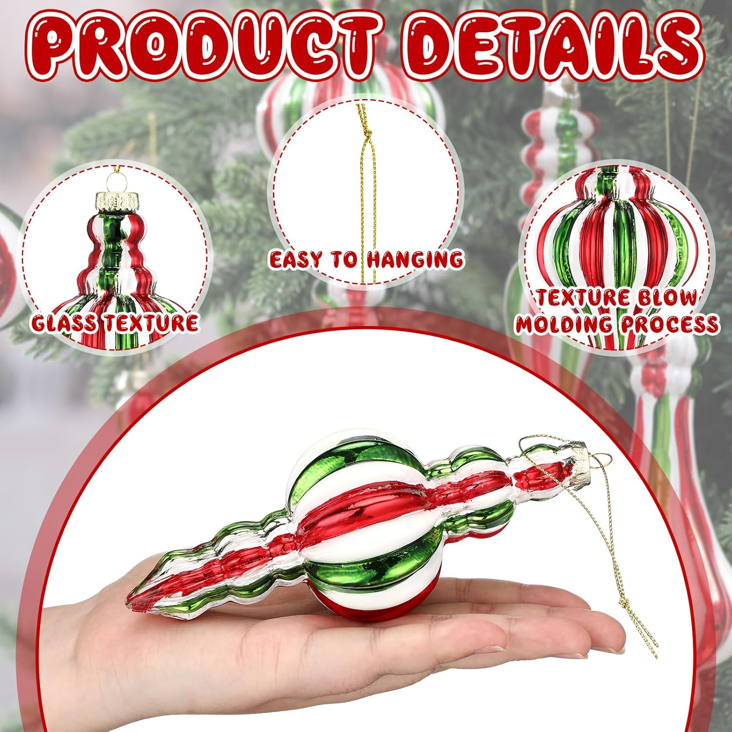 Soaoo 6 Pcs 6.3 Inch Mercury Glass Finial Christmas Ornaments Hanging Christmas Finials Glass Ornaments Assorted Mercury Decor for Xmas Tree Vintage Holiday Decoration(Red, Green,Novel)