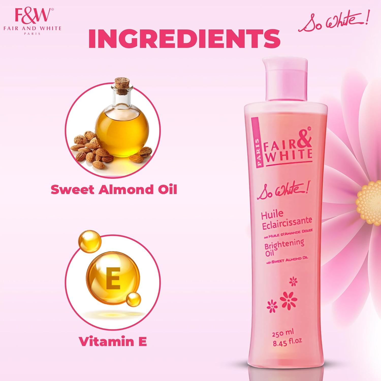 Fair & White so White Body Oil, 250Ml / 8.45Fl.Oz - with Vitamin E, Almond Oil and 'Lumiskin', Hydrating Formula for Wrinkles, Dryness and Dark Spots image number 5