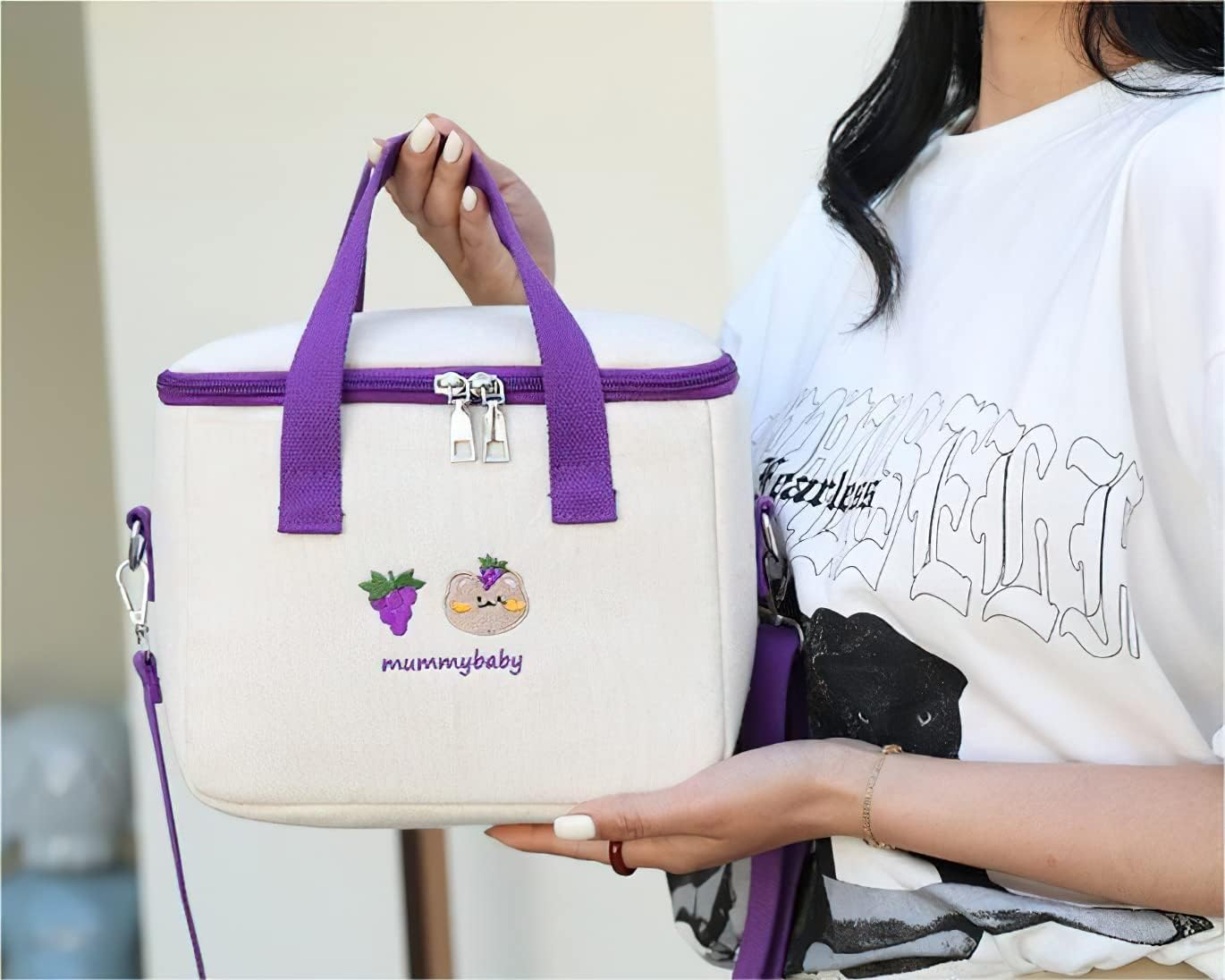 Laureltree Aesthetic Kawaii Cute Lunch Bag Box with Straps Insulated Waterproof Durable for Women Girls Kids Office School (Purple) - Pink image number 7