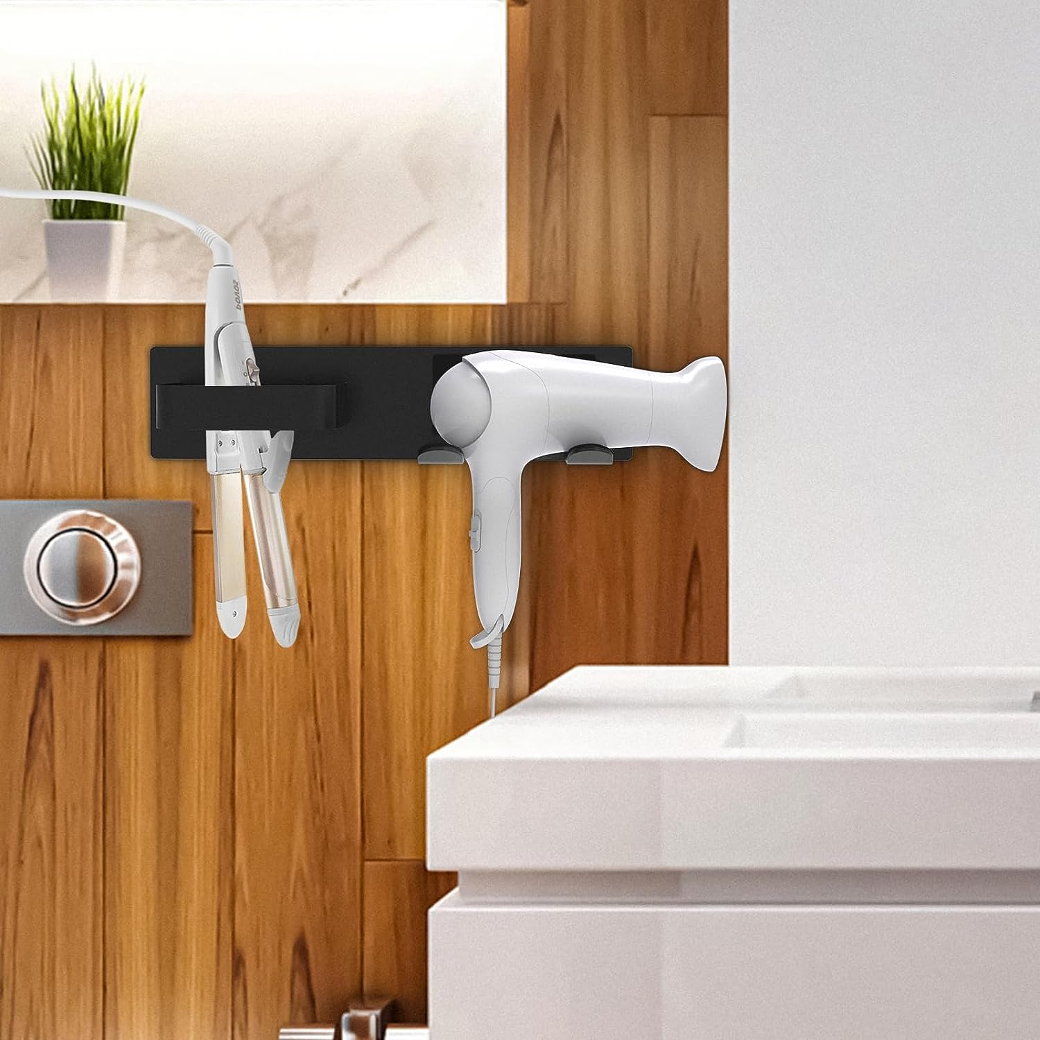 Hair Dryer Holder Wall Mounted, Self Adhesive Blow Dryer Holder, Hair Tool Organizer for Hair Dryer, Curling Wands (Black)