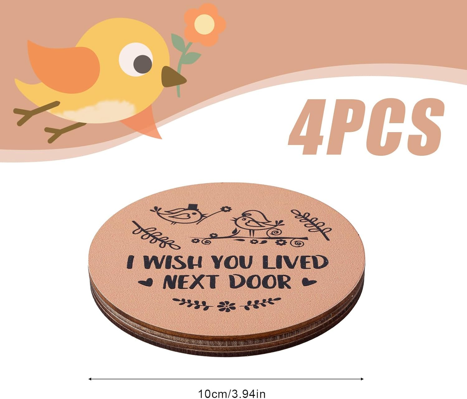 4Pcs Wooden Coasters, 10Cm round Coasters I Wish You Lived Next Door Gifts for Kinds of Cups Coffee Table Bar Home Office image number 6