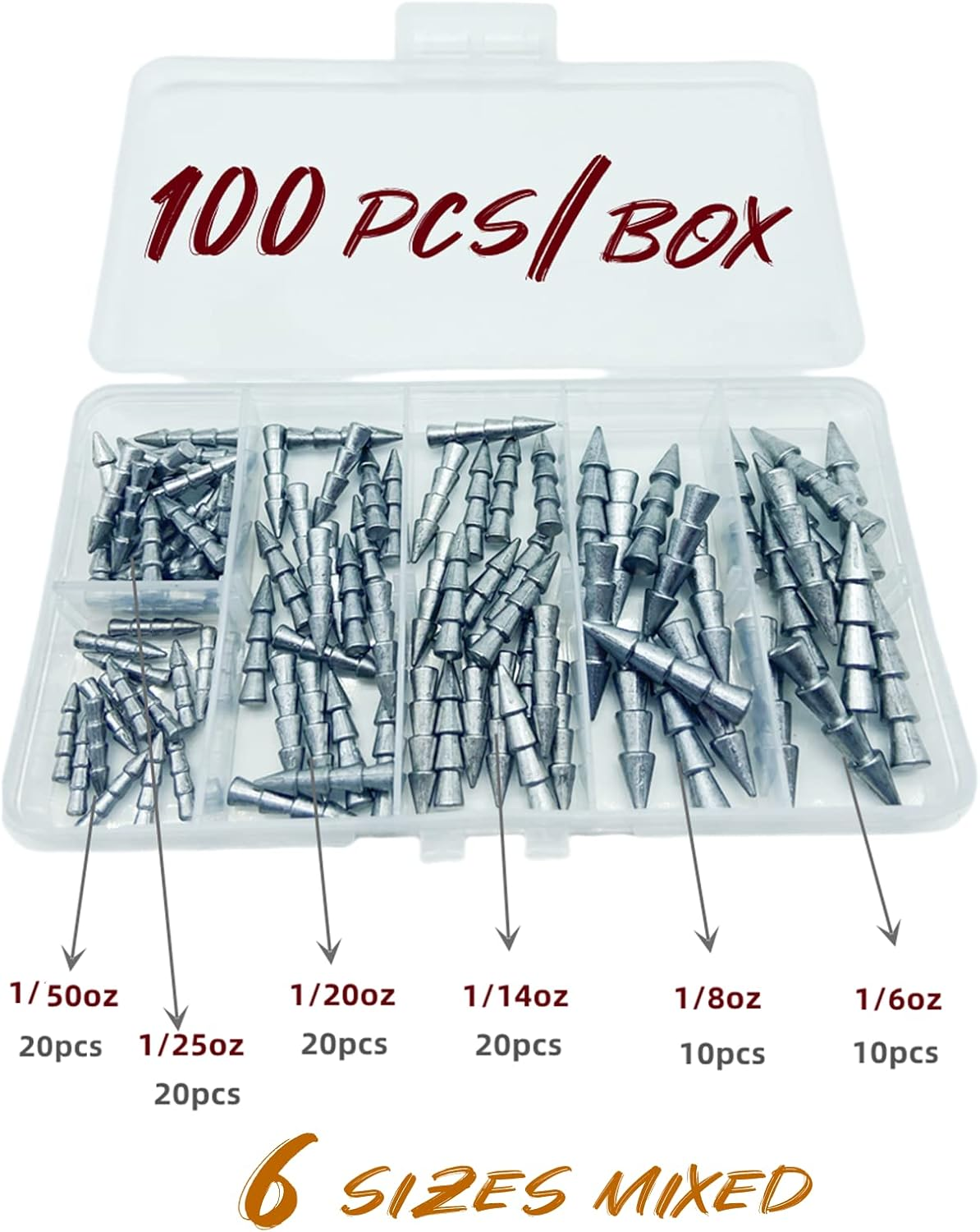 DAMIDEL 100Pcs/Box Nail Weights Sinkers(1/6Oz,1/9Oz,1/8Oz,1/14Oz,1/25Oz,1/50Oz) 6 Sizes Mixed，Insert Sinkers Lead Fishing Weights for Tackle Worm Soft Plastic Lures image number 1
