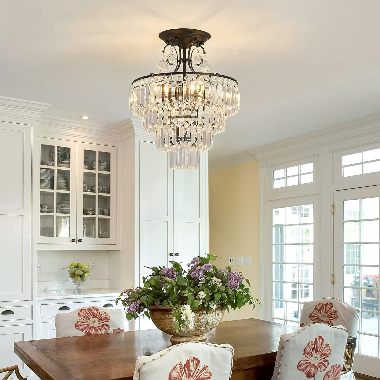 USOR Modern Crystal Ceiling Light D40Cm H50Cm Hanging Pendant Chandelier Staircase Lighting Flush Mount Ceiling Lighting Fixture for Dining Room Living Room Bedroom Entryway Stairwell Bulbs Included