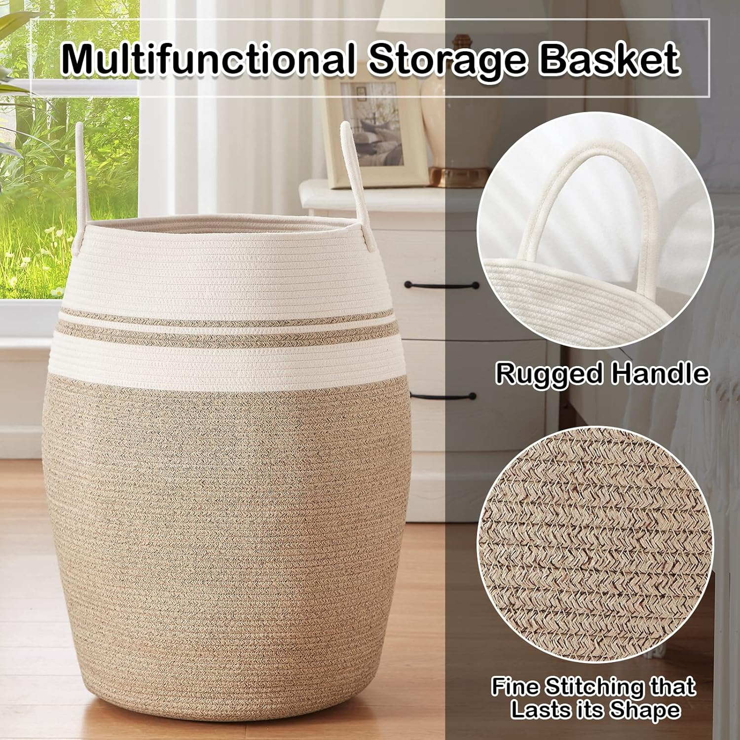 OIAHOMY Laundry Hamper Woven Cotton Rope Large Clothes Hamper 25.6" Height Tall Laundry Basket with Extended Cotton Handles for Storage Clothes Toys in Bedroom, Bathroom, Foldable (Yellow Variegated) image number 1