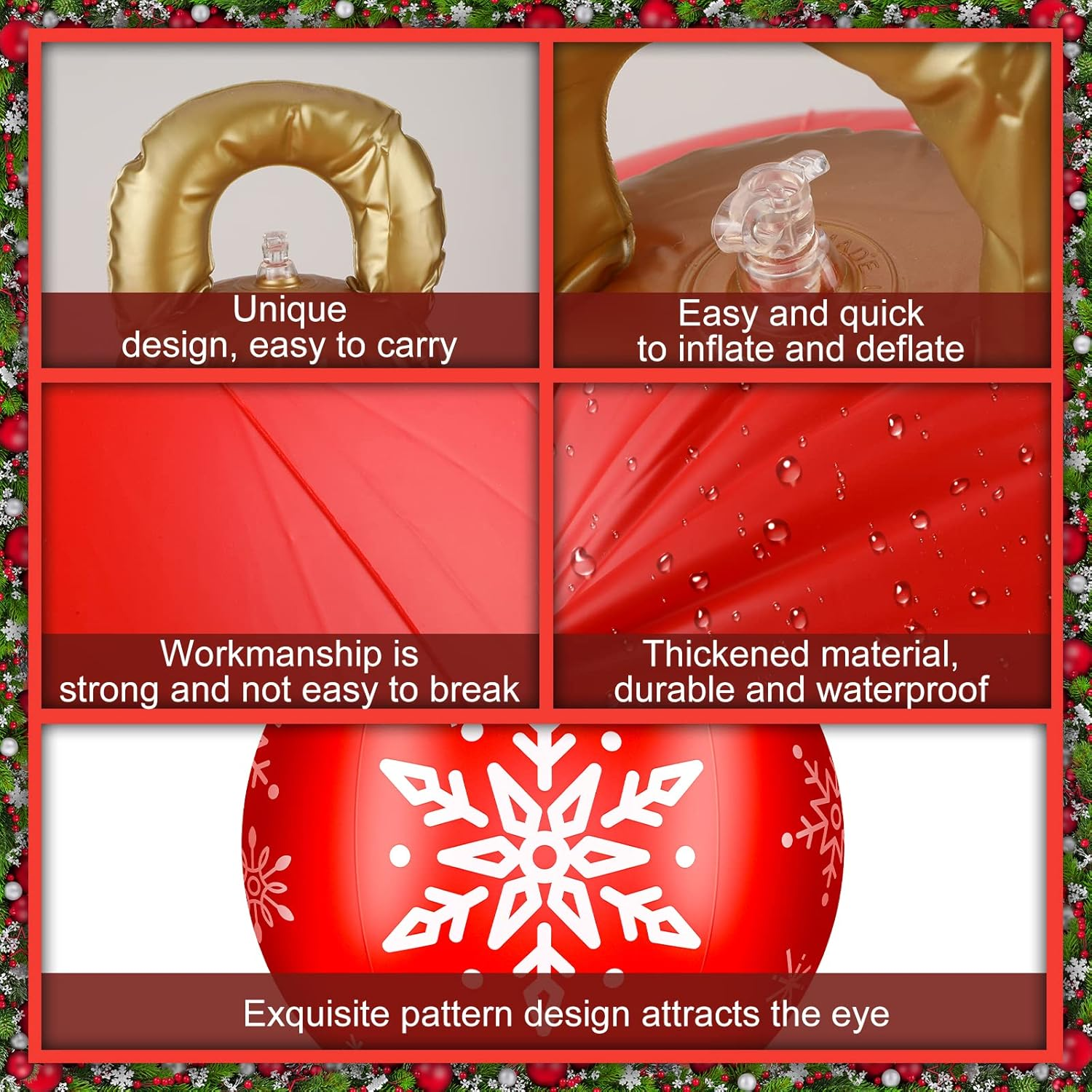 Jetec 3 Pcs 32" Giant Inflatable Christmas Ball PVC Inflatable Decorated Ball Large Holiday Inflatables Outdoor Decorations Xmas Blow up Yard Decor Giant Ornaments(Red,Snowflake) image number 1