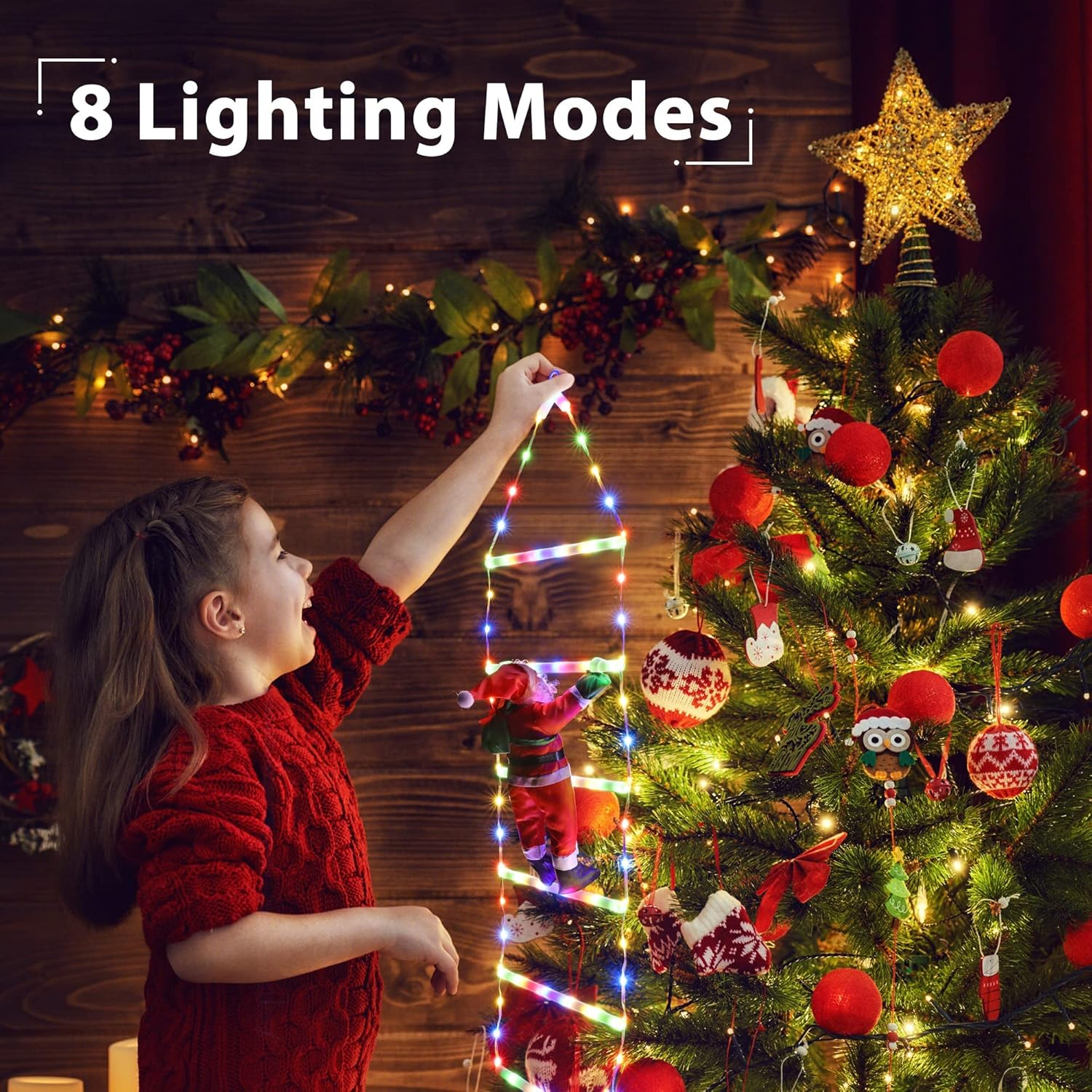 LED Santa Claus Ladder Fairy Lights, 1.20 Metres, 110 LED Outdoor Christmas Lights with Santa, Timer, Memory Function, 8 Modes, Colourful Fairy Lights Plug for Windows, Christmas Decoration image number 3