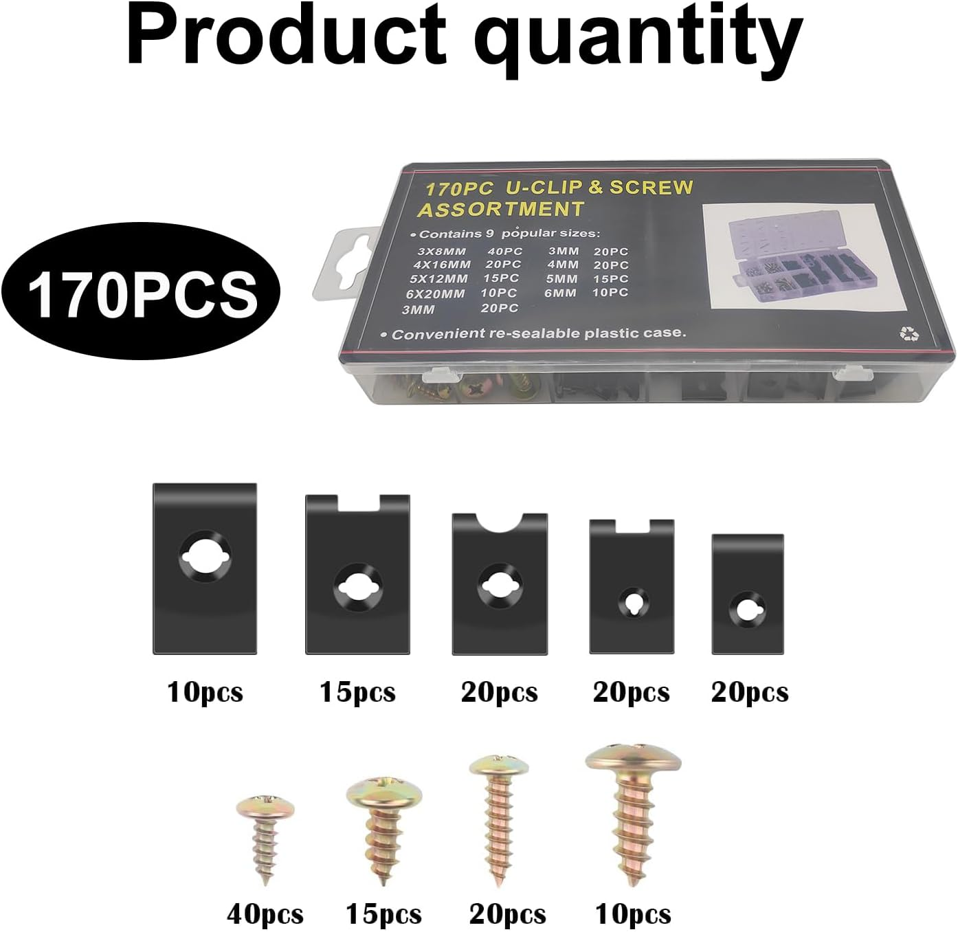 Funcyboo 170 Pcs U-Clip and Screw Assortment Kit, 9 Sizes U Type Clips and Nuts Auto Car U-Clip Universal Bumper Cover Screws for Dash Door Bumper Panel Interior image number 1