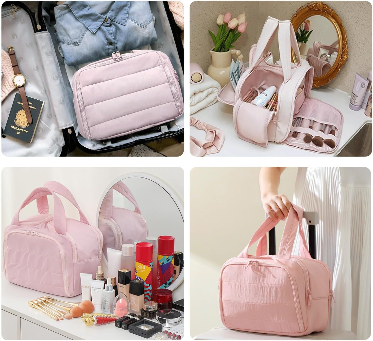 Travel Toiletry Bag, Puff Large Capacity Cosmetic Bag, Lightweight Wide Open Travel Bag for Women, Makeup Toiletry Bag Organizer with Handle for Accessories,Essentials. (Pink) image number 6