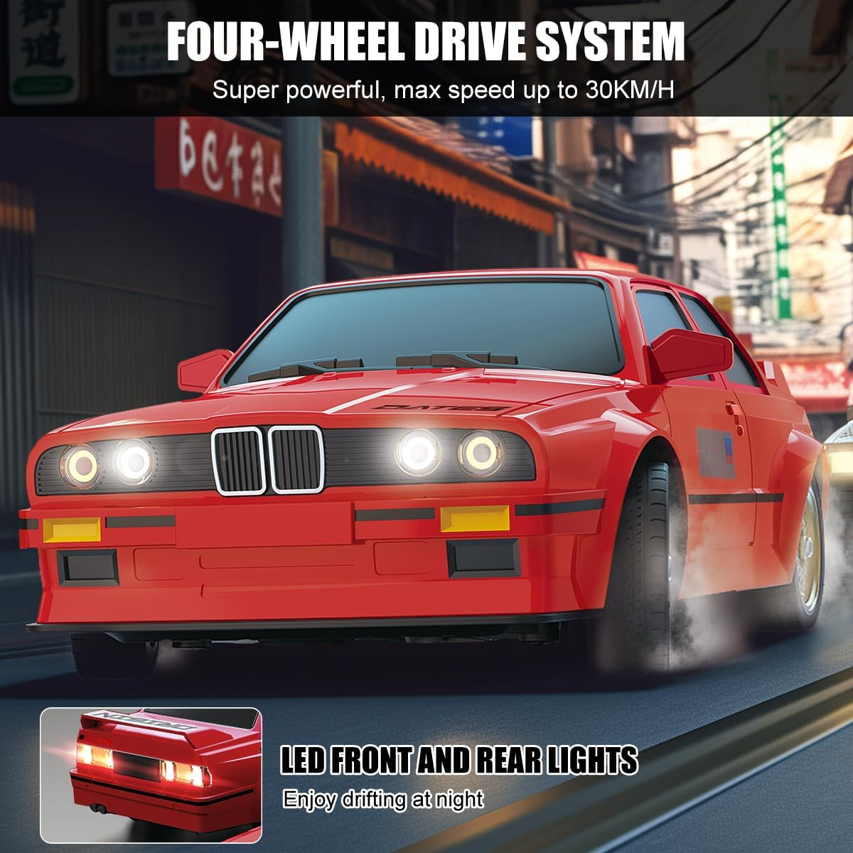 RC Drift Car for Kids Adults 1:16 Scale 2.4Ghz 4WD High Speed RTR Racing Car 30KM/H with Led Lights Remote Control Vehicle Sport Toy Gifts for Girls Boys, Two Batteries and Drift Tire Included image number 5