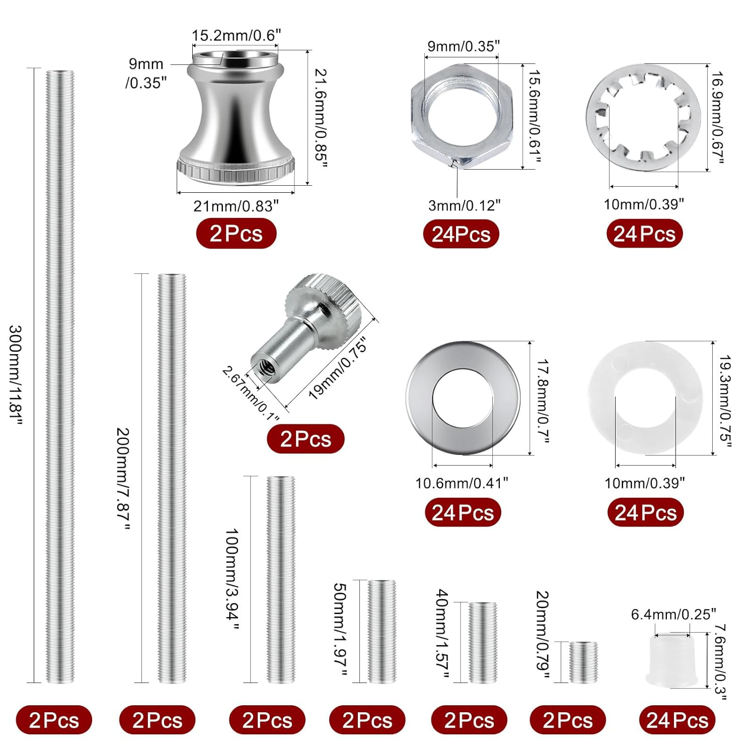 Lamp Repair Hardware Assortment,All Thread Pipe Lamp Rod,Includes Lamp Nipples,Coupling Pipe Connectors,Switch Knobs,Washers & Lock Nuts (Silver Color/Including 12 Inch Lamp Rod Kit, 136) image number 5