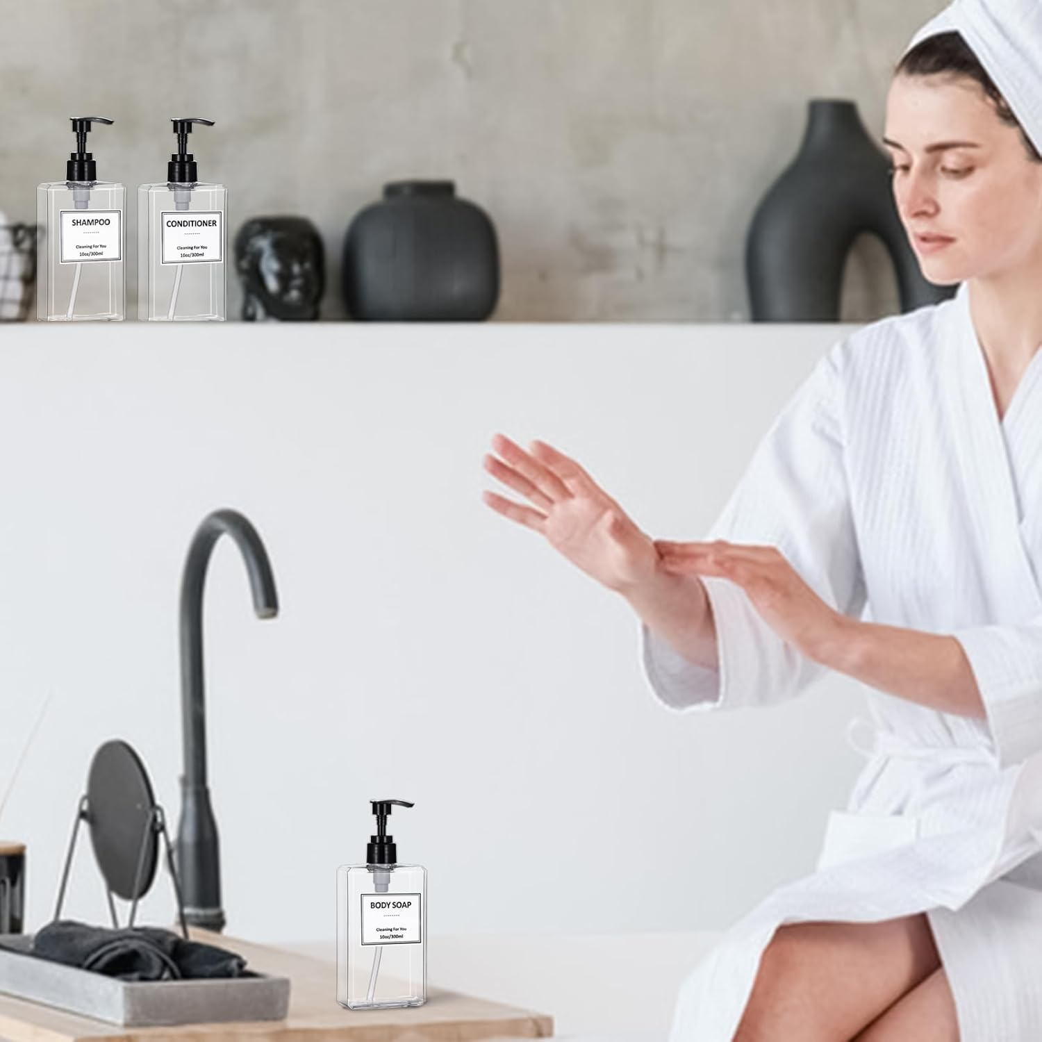 Yeeco Hand Soap Dispenser, 3 Pack 10Oz Acrylic Plastic Liquid Pump Bottle Refillable Lotion Dispenser for Bathroom Kitchen Hotel, Shampoo and Conditioner Dispenser Empty Shower Clear Bottles image number 2