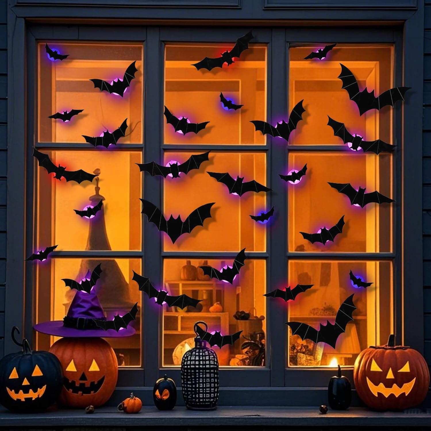 2025 New 3D Bats Halloween Wall Decor 36Pcs, 3D Bat Lights Design LED Decorations, Lighted Bat Stickers Assorted Size for Halloween Party, Bedroom Window Decorations, Indoor and Outdoor Home Decals image number 3
