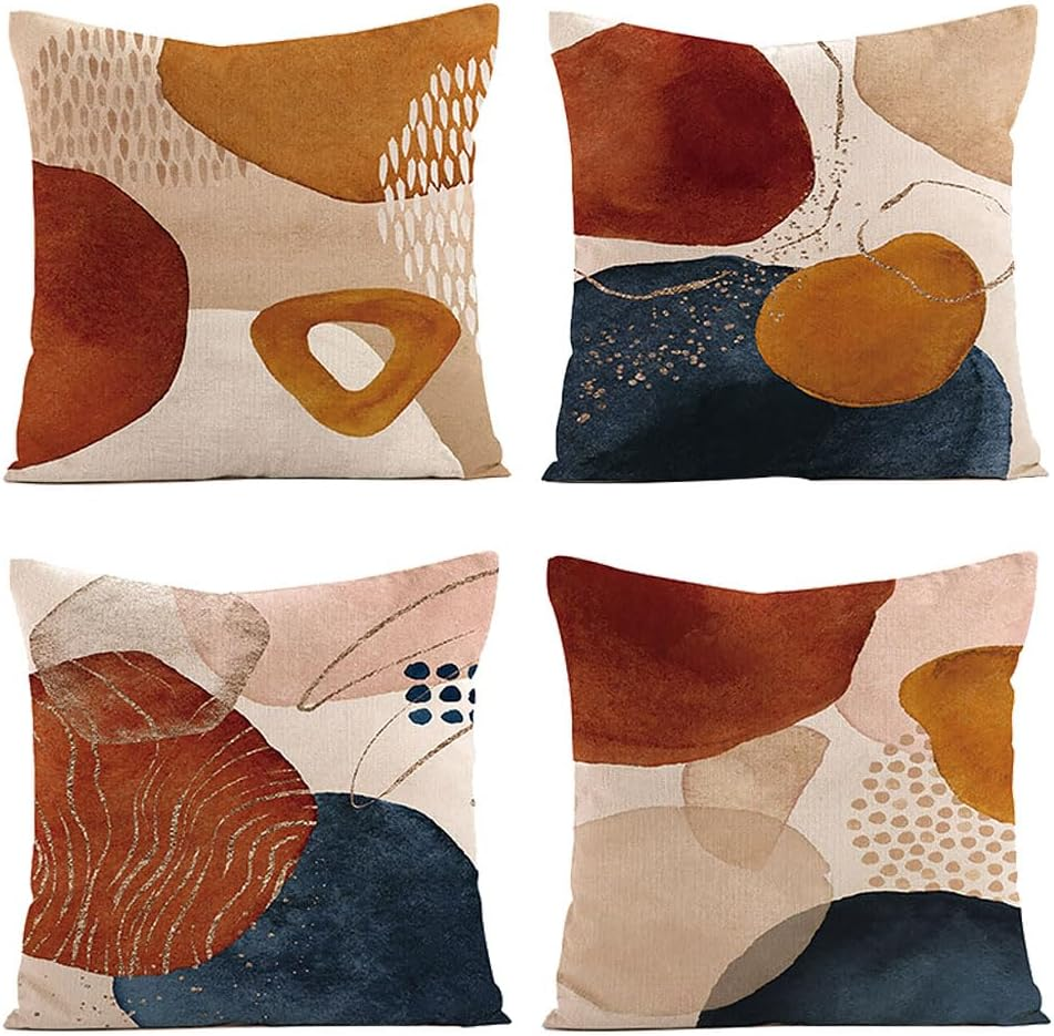 4Pcs Boho Cushion Cover, 45 X 45 Cm,Mid Century Abstract Aesthetic Navy Blue Burnt Orange Cushion Covers Geometric Minimalist Modern Art Linen Cushion for Sofa Couch Home image number 6