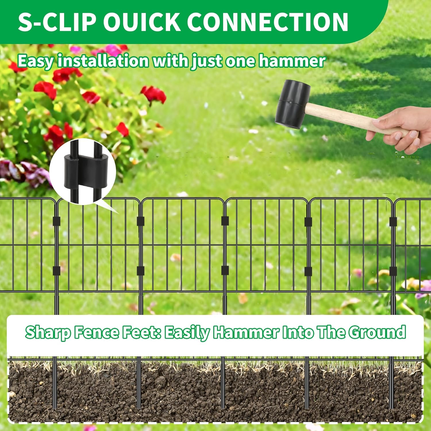 10 Panels Decorative Garden Fence 330Cm (L) X 60Cm (H), Rustproof Metal Wire Fencing Border Animal Barrier, Decorative Garden Fences for Dogs, Flower Bed, Patio, Square Black No Dig Fence image number 2