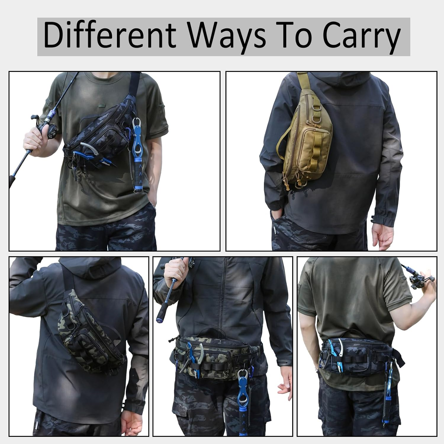 Tactical Fanny Pack, Water-Resistant Military Waist Bag for Outdoor Fishing, Hiking, Climbing - Small Tackle Storage Pack with 2 Mini Carabiners, Tan - Gray Camo image number 7