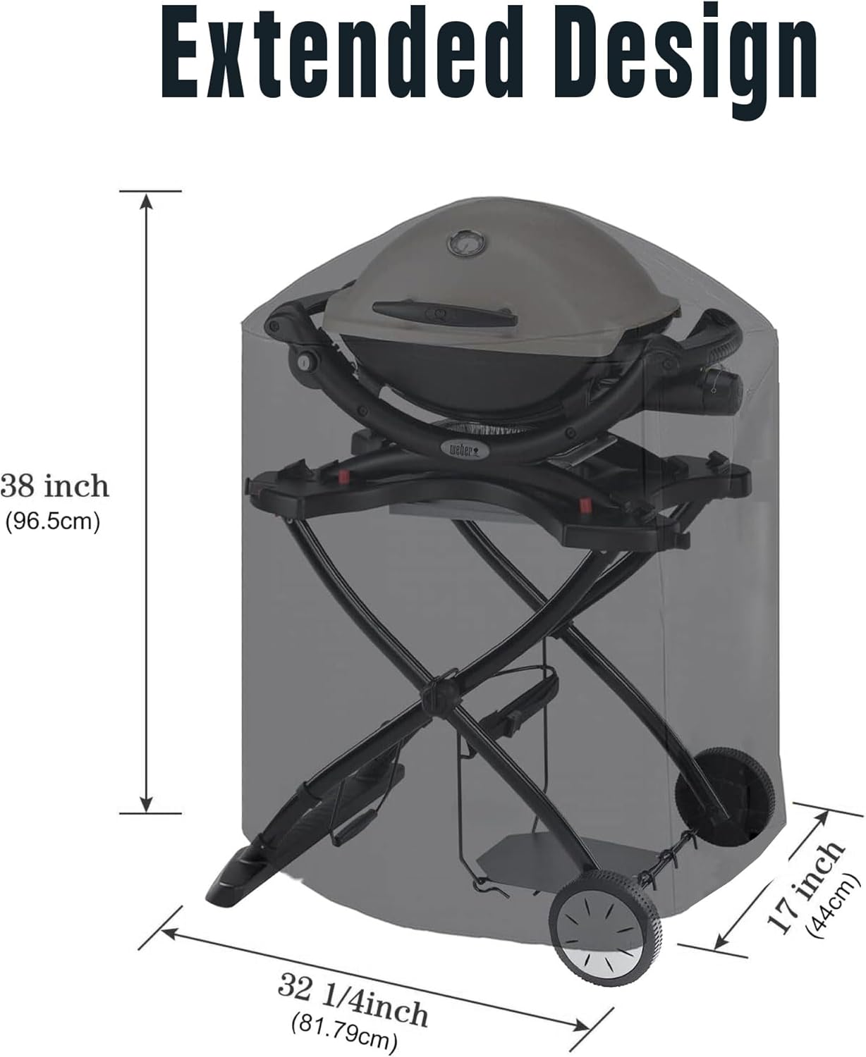 Extended BBQ Cover Outdoor Waterproof BBQ Grill Cover for Weber Q100 Q1000 Q1200 Q200 Q2000 Q2200 Series Grills with the Q Portable Cart - Longer Barbecue Cover for Weber 7113-81.28X43.18X96.52Cm image number 5