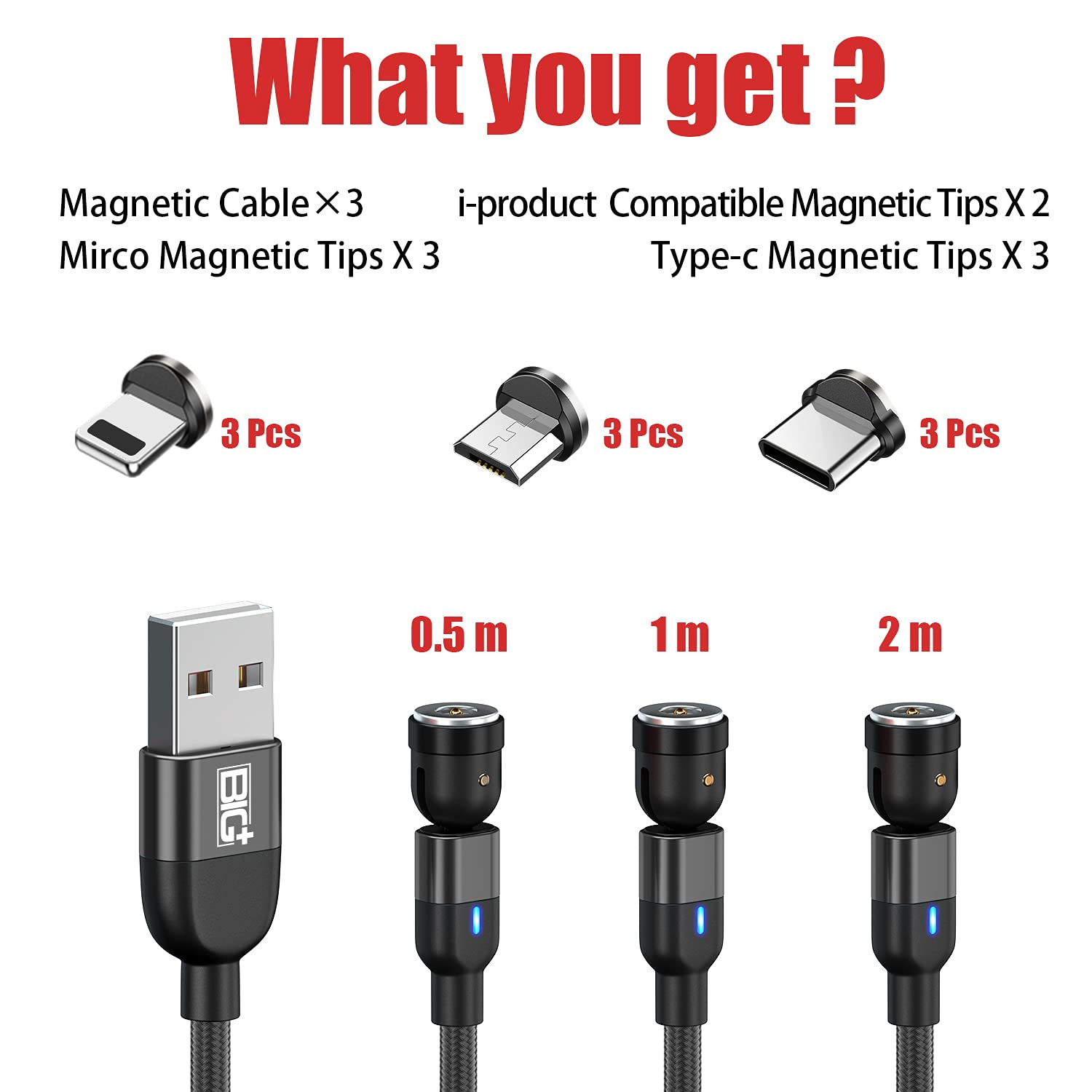 BIG+ Magnetic Charging Cable with 360&deg; & 180&deg; Rotating Head [3 Pack] Nylon Braided Compatible Charger for All Smartphones, Micro USB and USB C Devices, Type C Charger, USB Magnetic Phone Charger Cable image number 5