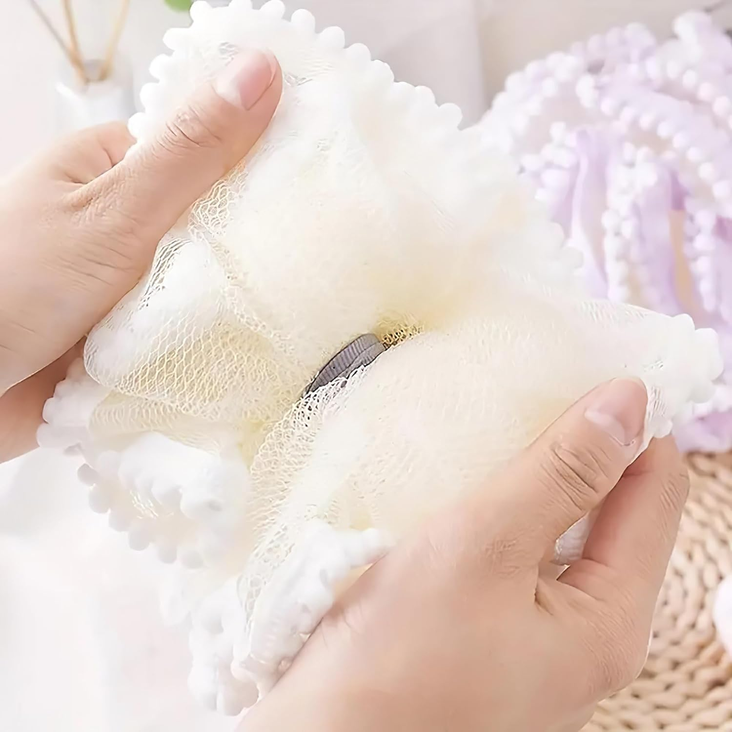 Luxurious Large Bath Loofah Sponge Pouf Puff Ball Mesh for Shower - Soft, Quick-Dry Exfoliating Foaming Deep Cleansing Body Scrubber - White