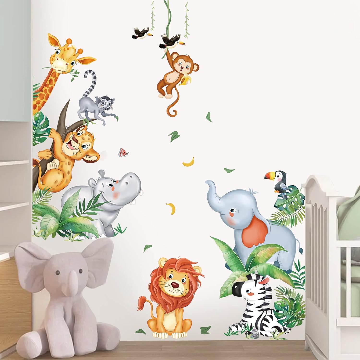 Wondever Jungle Animals Wall Stickers Safari Animal Elephant Giraffe Lion Monkey Peel and Stick Wall Art Decals for Kids Bedroom Baby Nursery Door Decor image number 5