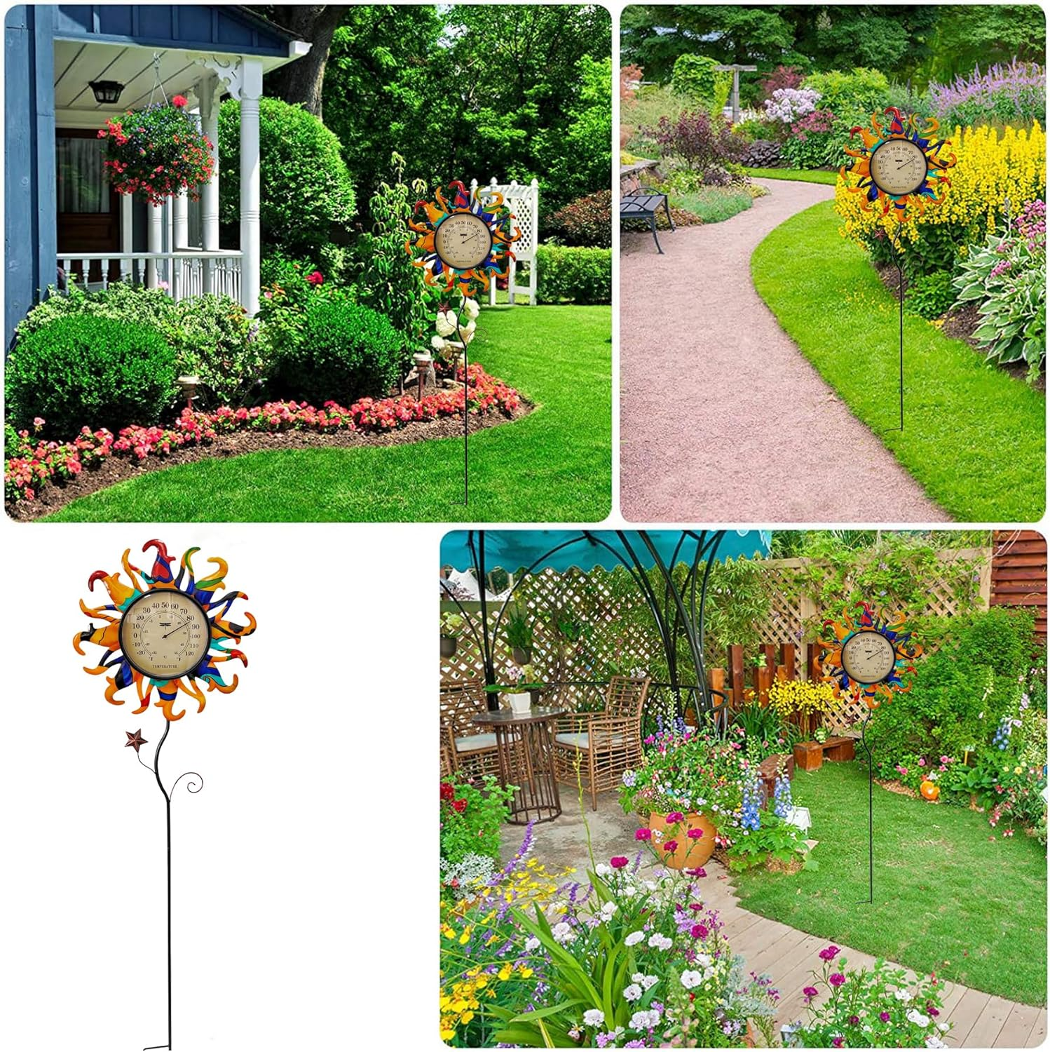 Metal Sun Thermometer Indoor Outdoor Ornament Wall Art Decor, Sun Plaque Sculpture Hanging Mounted for Living Room Bedroom Kitchen Patio for Home or Garden, No Battery Required (ORANGE SUN STAKE) - Orange image number 3