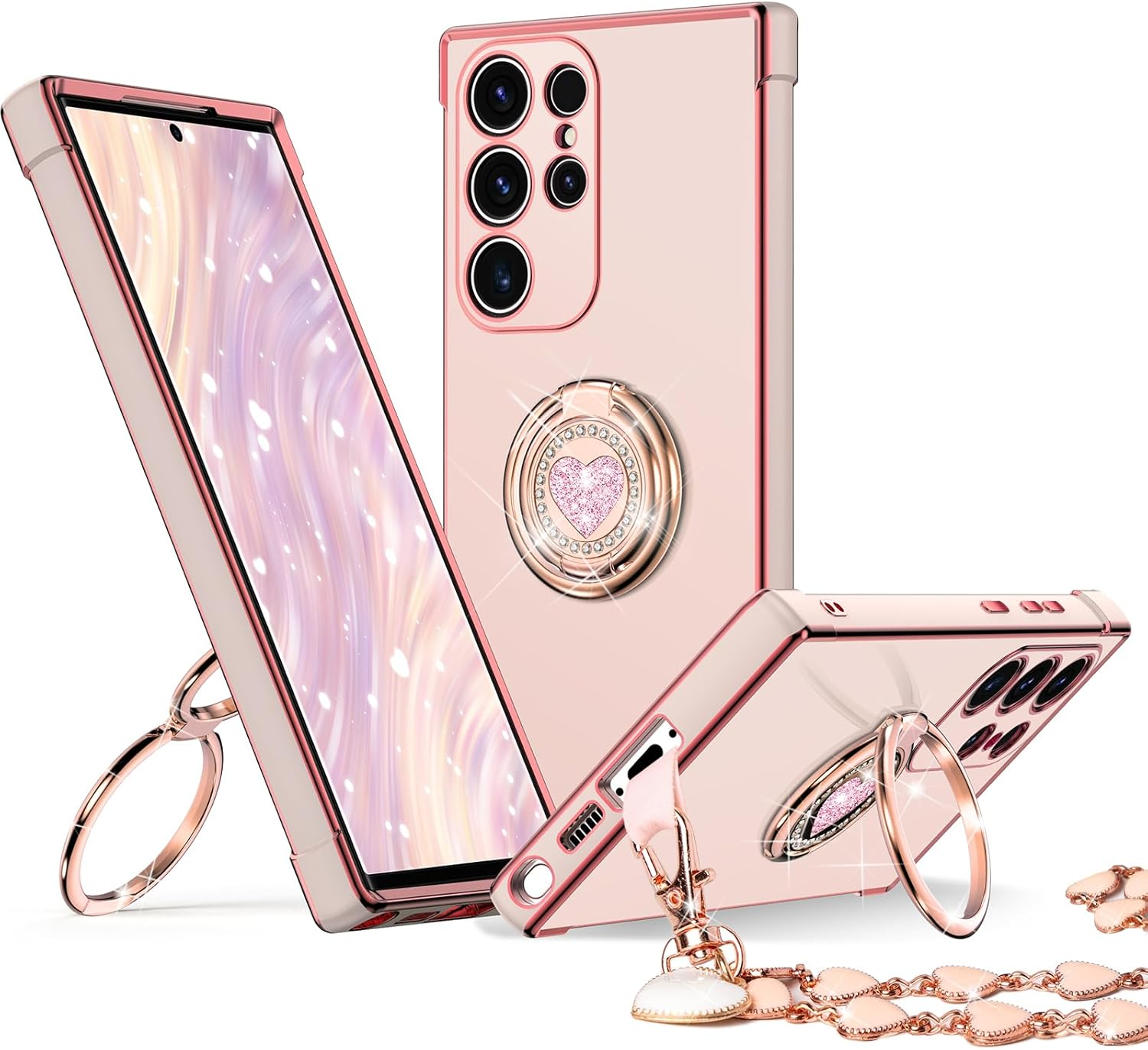 XYZ for Galaxy S25 Ultra Case with Stand, for Samsung Galaxy S25 Ultra Case with Double Ring Kickstand, Women Girls Cute Love-Heart Bling Luxury Protective Phone Case for Samsung S25 Ultra, White image number 4