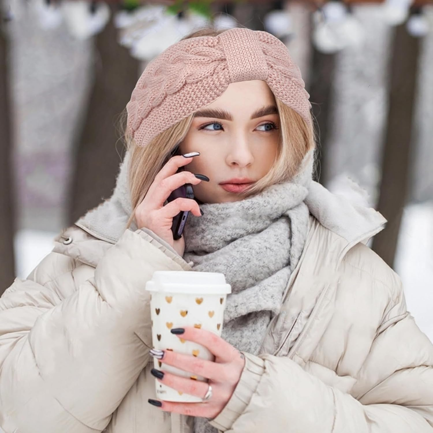 Pack of 2 Women'S Winter Headbands, Knotted Knitted Headband, Women'S Knitted Ear Warmers, Hair Band, Thick Headwrap Hair Bands, Girls Ear Warmers Headbands (White + Pink) image number 6