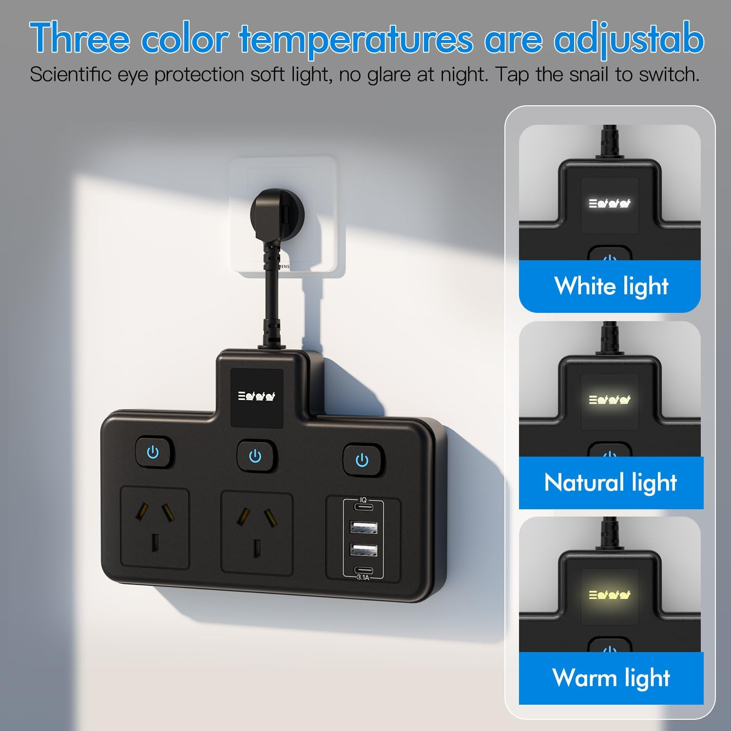 BOCHLION Power Strip with Independent Switches and Night Light Features Plug Extension Socket with 4 USB Ports (2 USB C and 2 USB A), Household Wall Socket Plug Extender, Travel. (Black) image number 5