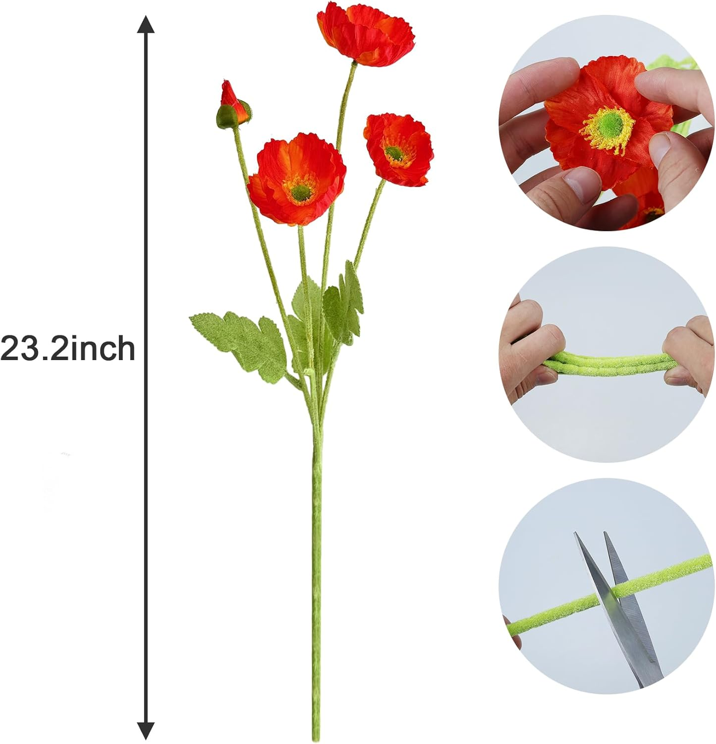 Artificial Flowers Poppy Silk Flowers with Stems, Faux Poppy Flowers Real Touch Decor Plants Realistic Bouquet for Home Kitchen Wedding Office Centerpiece Decorations (Orange Red) image number 2