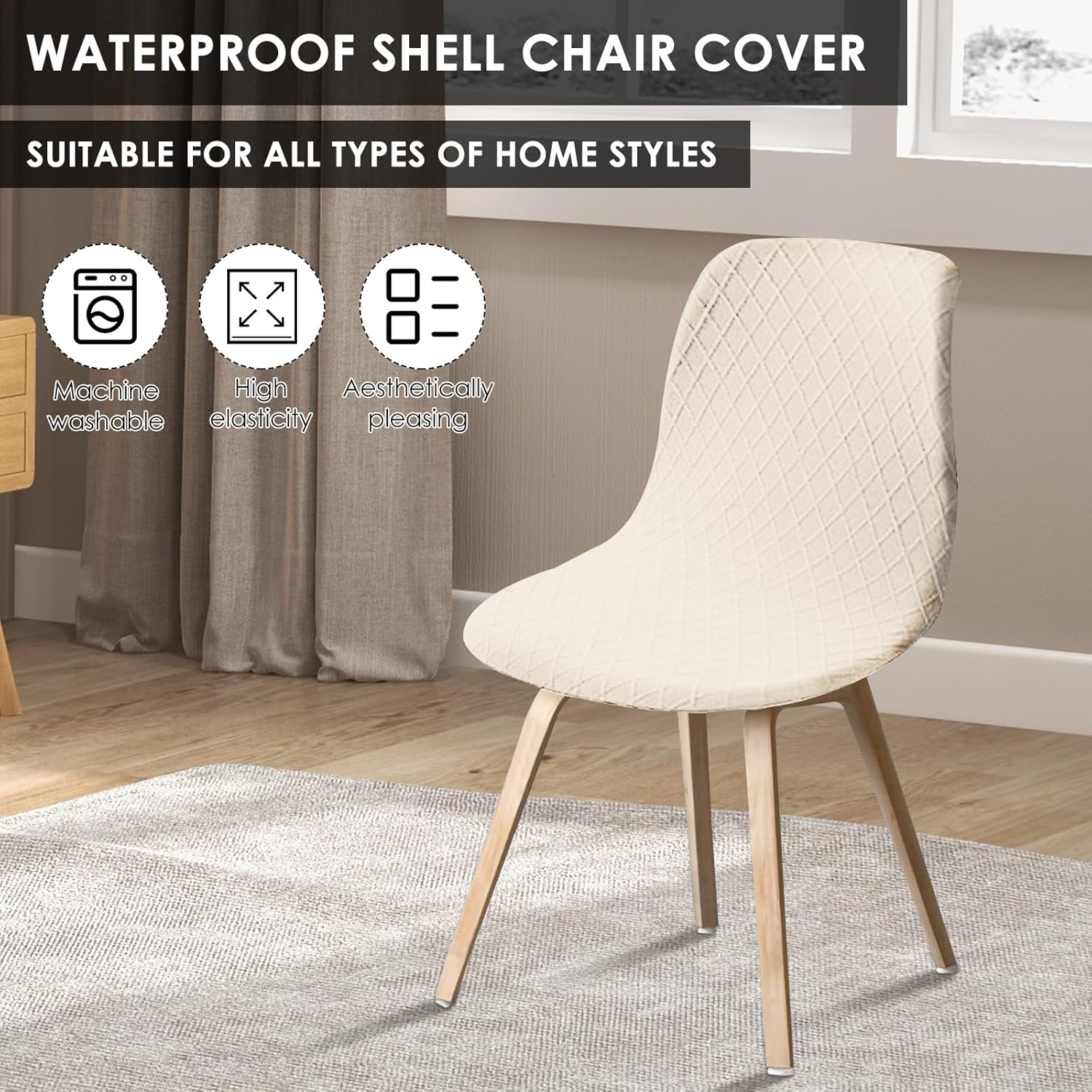 UKQRRTC 4Pcs Dining Room Chair Covers, Minimalist Shell Chair Cover, Elastic round Back Chair Slipcovers, Armless Chair Cover, Shell Chair Slipcover for Kitchen Living Room (Beige) - Grey image number 7