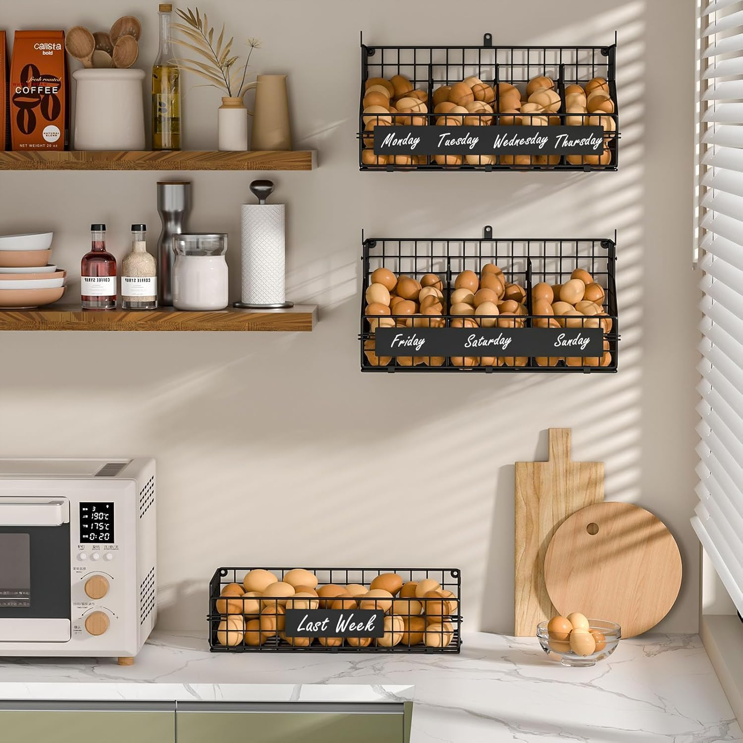 3-Tier Stackable Wire Egg Storage Basket, XXL Countertop Egg Holder with 5 Dividers, Wall-Mountable image number 4