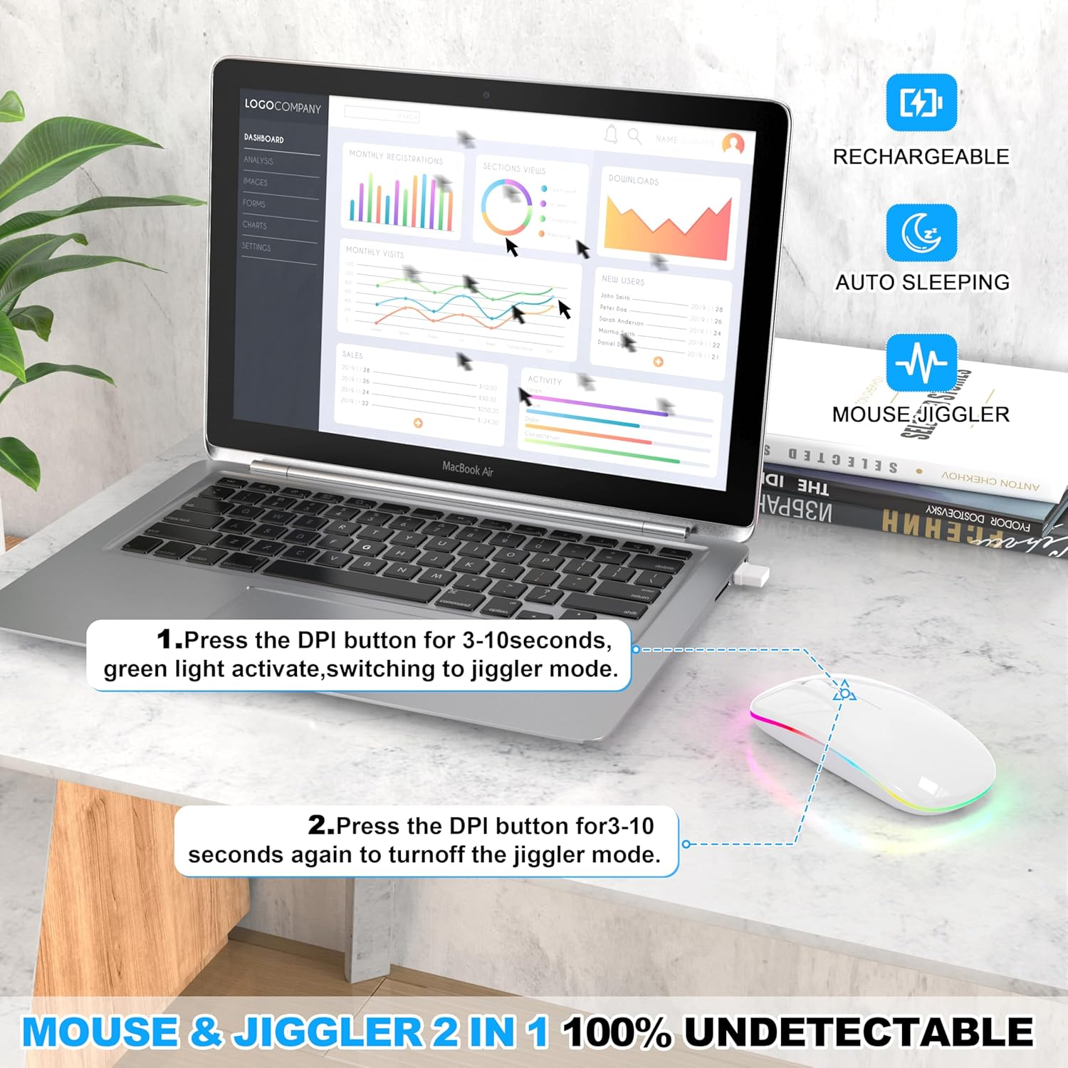 LED Bluetooth Wireless Mouse for Macbook Air Mac Pro Laptop Ipad &ndash;Rechargeable Silent Light-Up Optical Mouse with Jiggler Dual Mode BT5.2 & USB-A/USB-C for Students, Kids, Girls, Boys (White) - Black image number 4