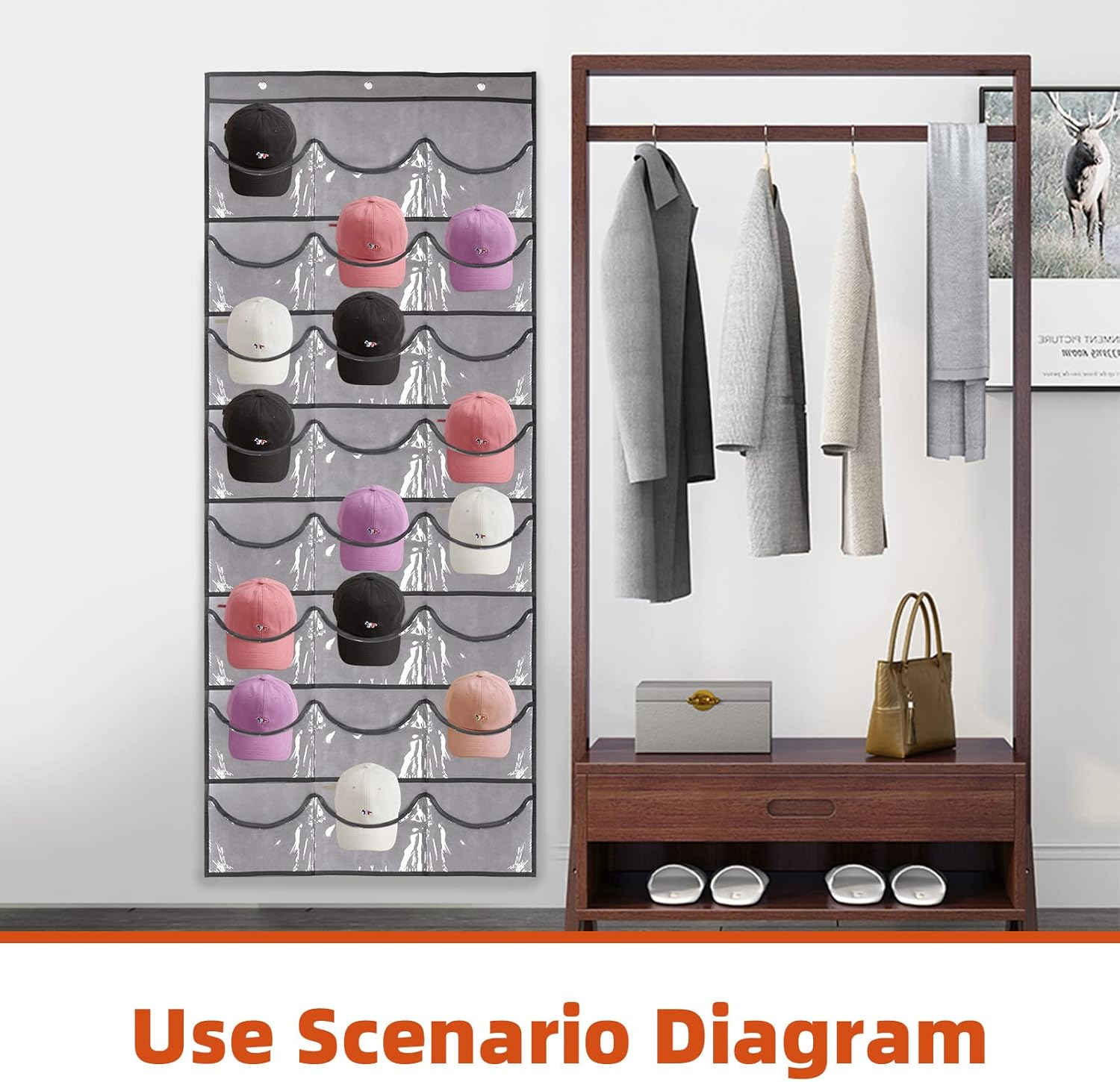 Tanstic 4-Pcs Gray Hat Rack with 24 Pockets and Hooks, Baseball Cap Organizer over the Door Cap Holder Stand Hanger for Home Closet Store Display image number 6