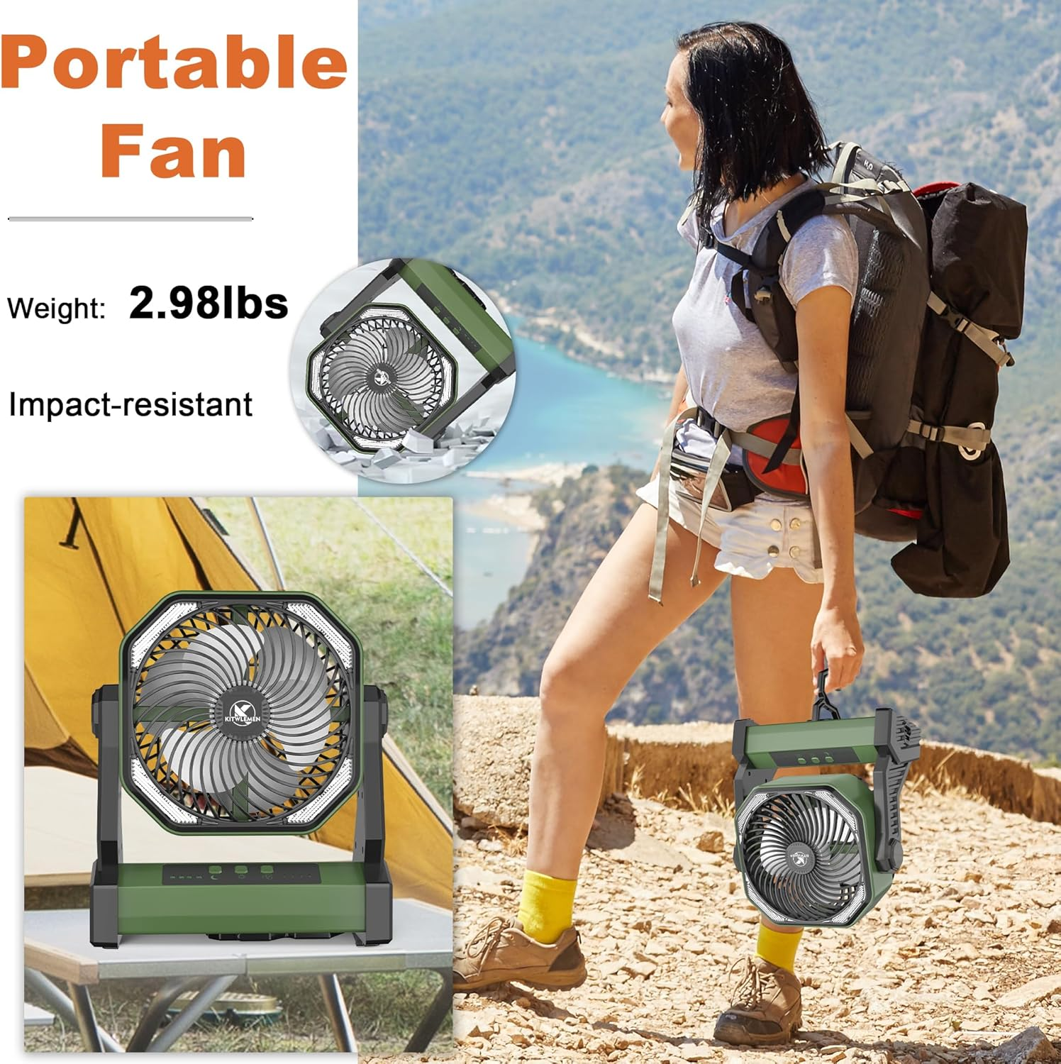 Camping Fan with LED Lantern, 20000Mah Rechargeable Battery Operated Outdoor Tent Fan with Light & Hook, 270&deg; Pivot, 4 Speeds, USB Desk Fan for Camping, Fishing, Power Outage, Hurricane, Jobsite&hellip; image number 4