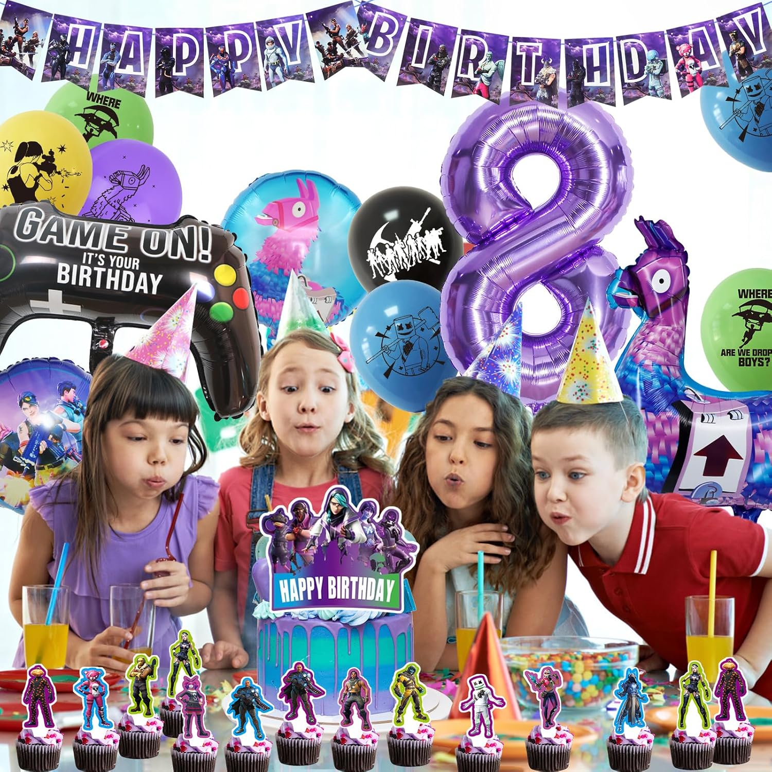 Fortnit Birthday Decoration 8 Years Boy, 51 Pieces Gaming Party Birthday Decoration, Fortnit Balloon 8Th Birthday Boy Set, 3D Purple Balloons Fortnit Gamer Birthday Decoration for Children (8 Years) image number 4