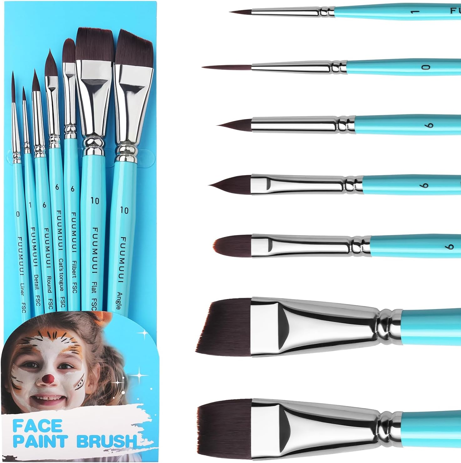 Face Painting Brushes - 7Pcs Professional Synthetic Paint Brushes for Face & Body Painting with Christmas, Halloween, Cosplay, Costume & Theater - Acrylic Watercolor Oil Gouache image number 3