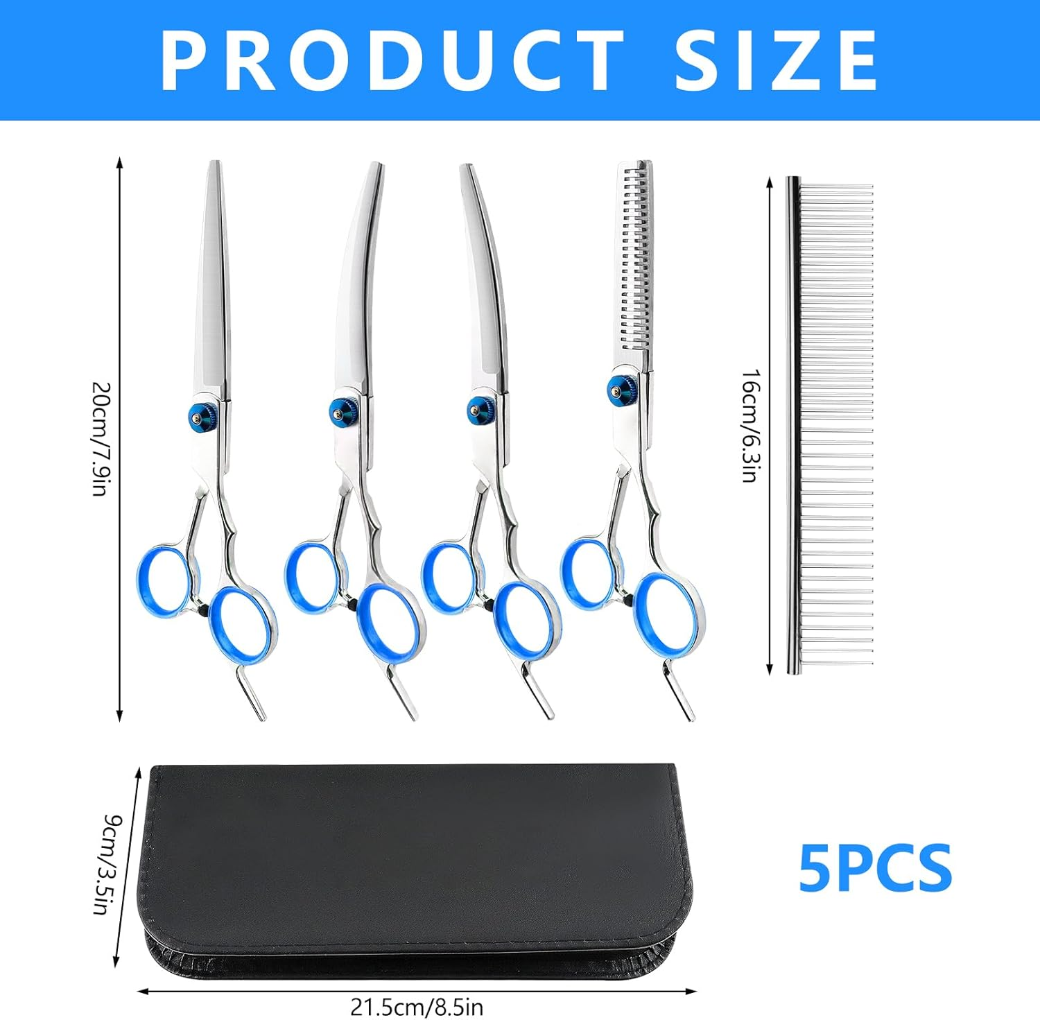 Dog Scissors, 5-In-1 Dog Scissors Set, Dog Shears, Curved, Stainless Steel Dog Grooming Set, with Steel Comb and Leather Case for Dogs, Cats, Pets image number 1