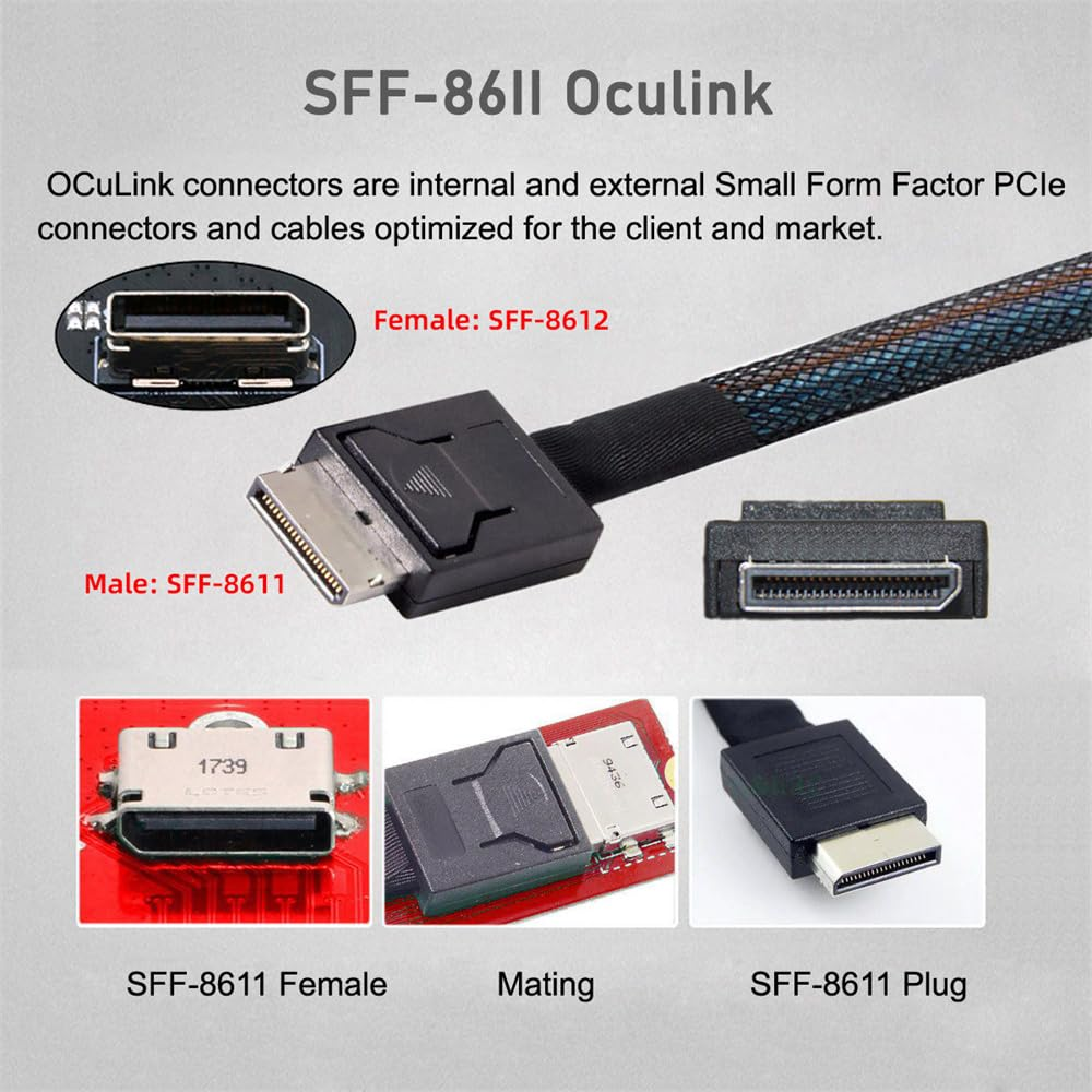 Cablecc Pcie 4.0 Oculink Pci-Express SFF-8611 4I to SFF-8611 Data Active Cable down Angled 90 Degree for Egpu SSD 80Cm